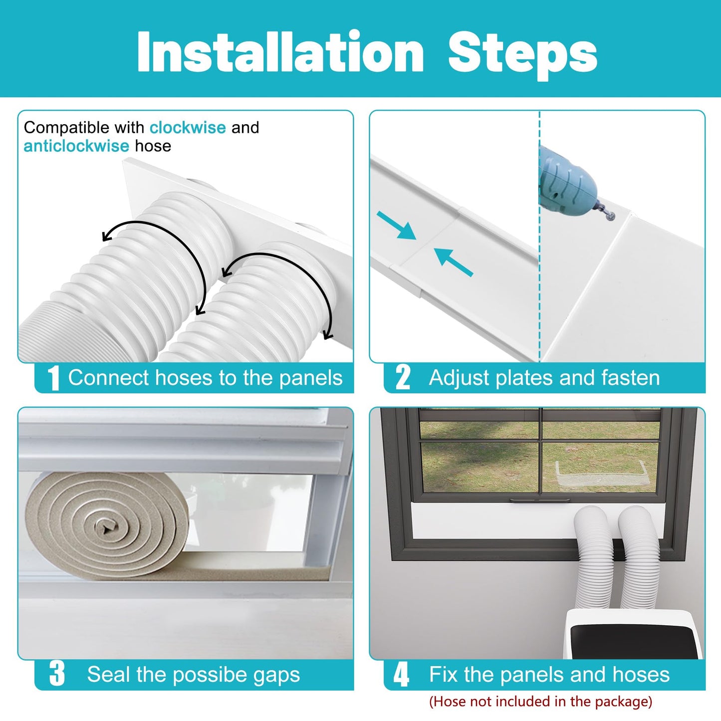 Chiligent Dual Hose Portable Air Conditioner Window Kit, 5.9" Diameter Portable AC Window Vent Kit with Foam Seal Strip, Adjustable Window Seal Plates for Vertical & Horizontal Windows, White