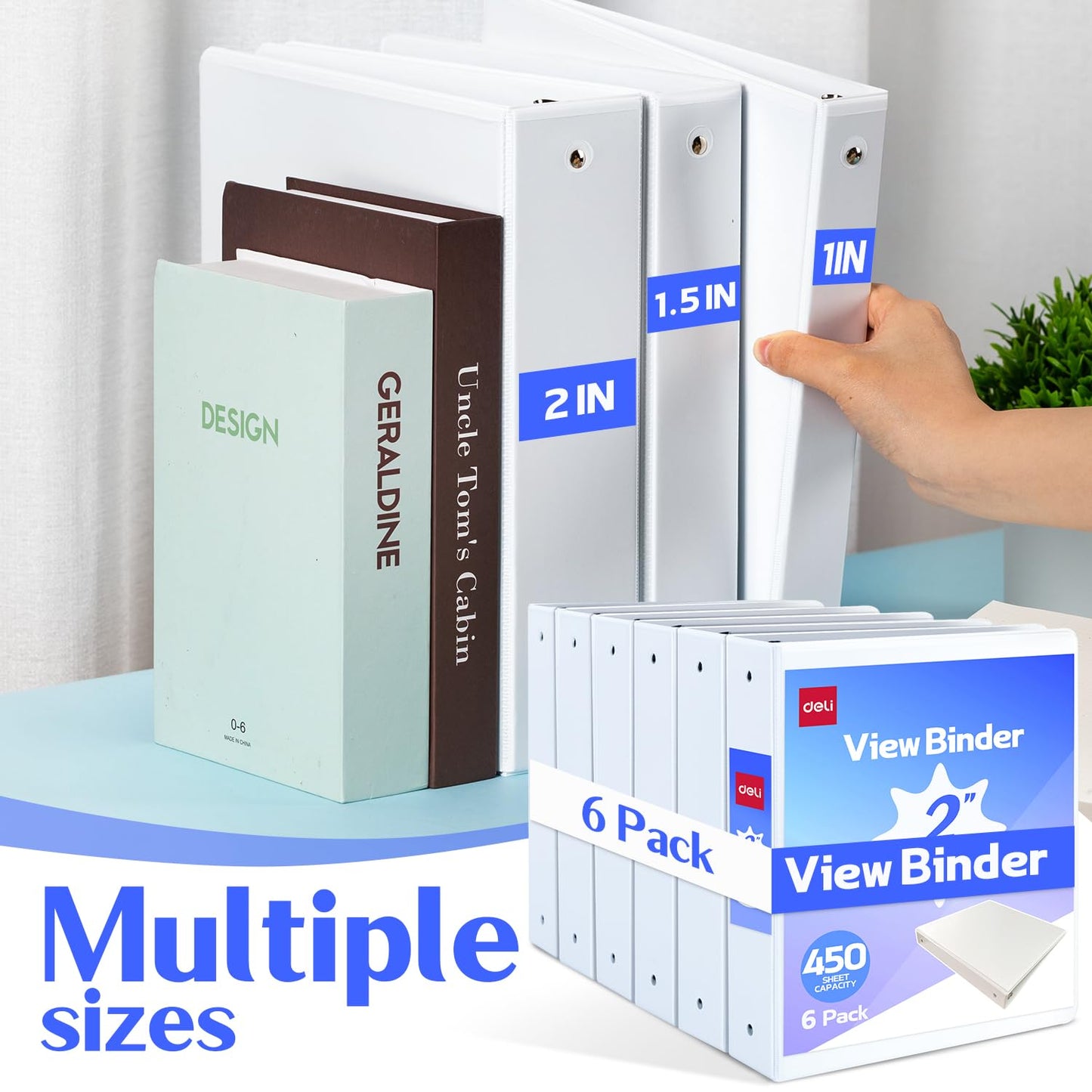 Deli 2-inch 3 Ring Binder with 2 Interior Pockets, 450 Sheets Capacity, 2 inch Binders fits 11" x 8.5" US Letter Size, White, 6 Pack