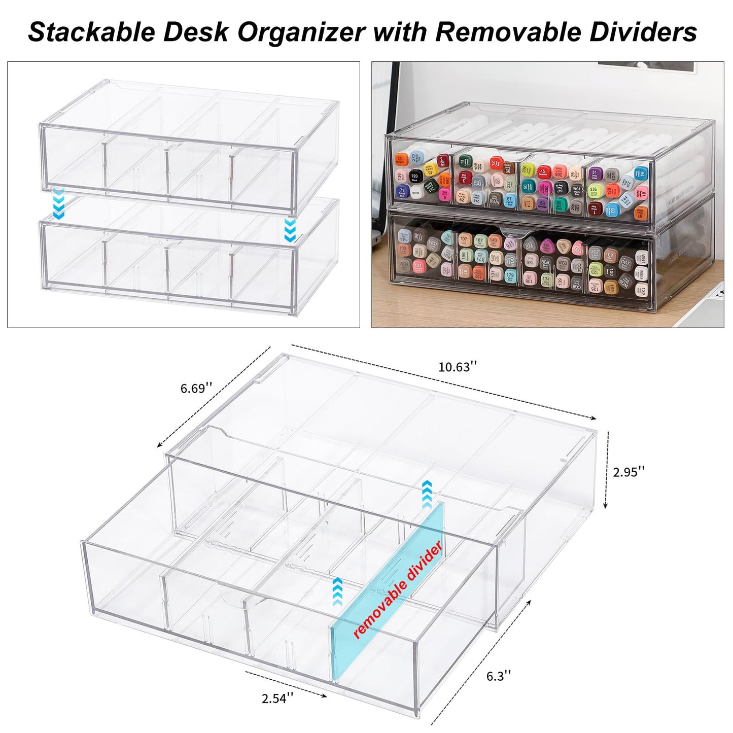 GOXITAX Clear Pen Organizer with Drawer, 2 Pack Plastic Desk Accessories Storage Box with Removable Dividers for Home Office, School Supplies, Stationery, Art Crafts, Stackable Pencil Holder