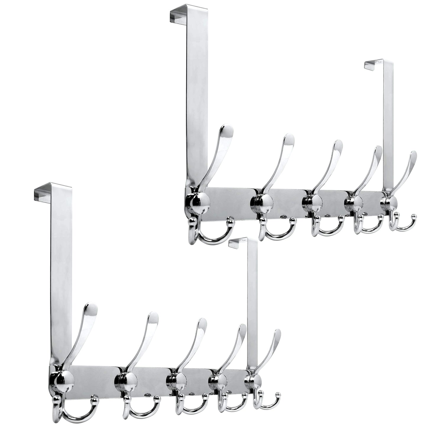 WEBI Over The Door Hook Door Hanger Hook Rack with 5 Tri Hooks for Hanging Coats, Over Door Towel Rack Door Coat Towel Hanger Over Door Coat Rack,Silver,2 Packs