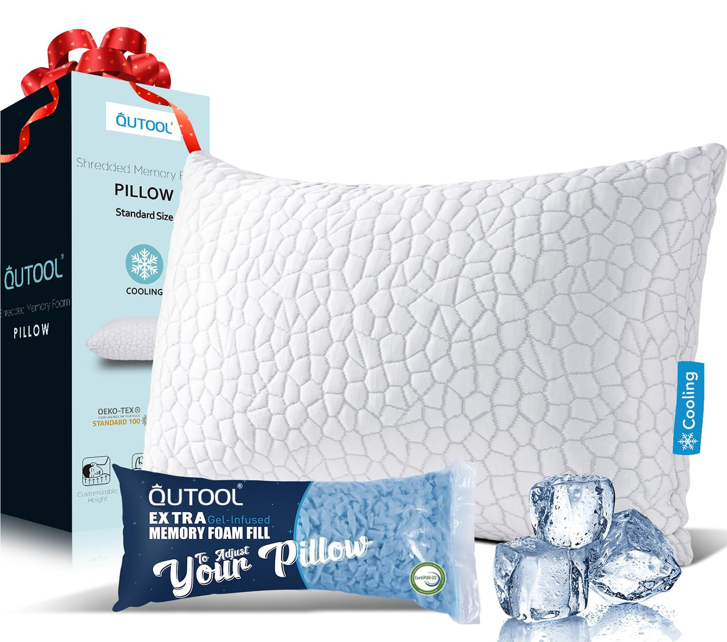 QUTOOL Cooling Pillow for Sleeping, CertiPUR-US Shredded Memory Foam Standard Pillow Set of 1, Cool Pillow for Hot Sleepers Adjustable Firm Pillow for Side,Back,Stomach Sleepers Soft Yet Support,White