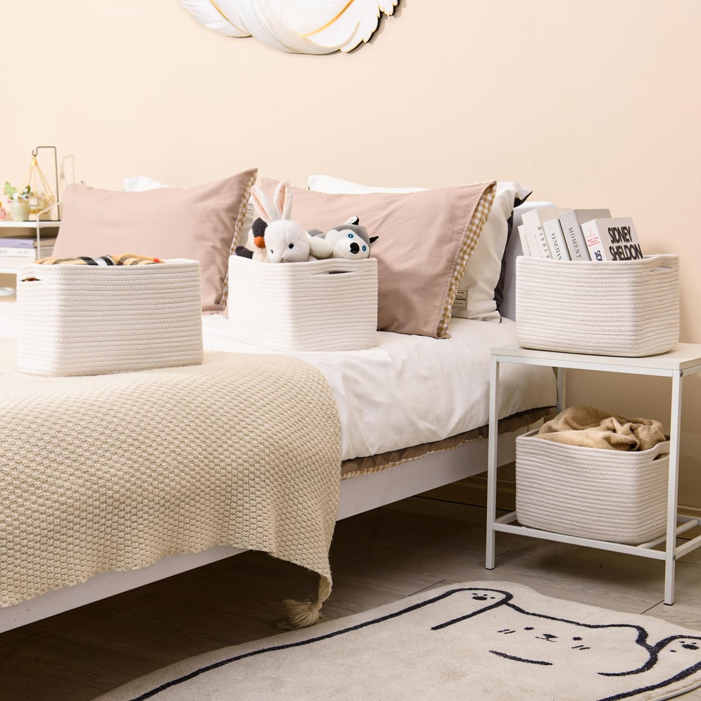 ICERZCZ Storage Baskets for Organizing, Woven Basket for Storage, Storage Baskets Bin for Shelves, Cotton Rope Basket with Handles, 12.5"Lx9.1"Wx7.9"H, (4 Packs) Off White
