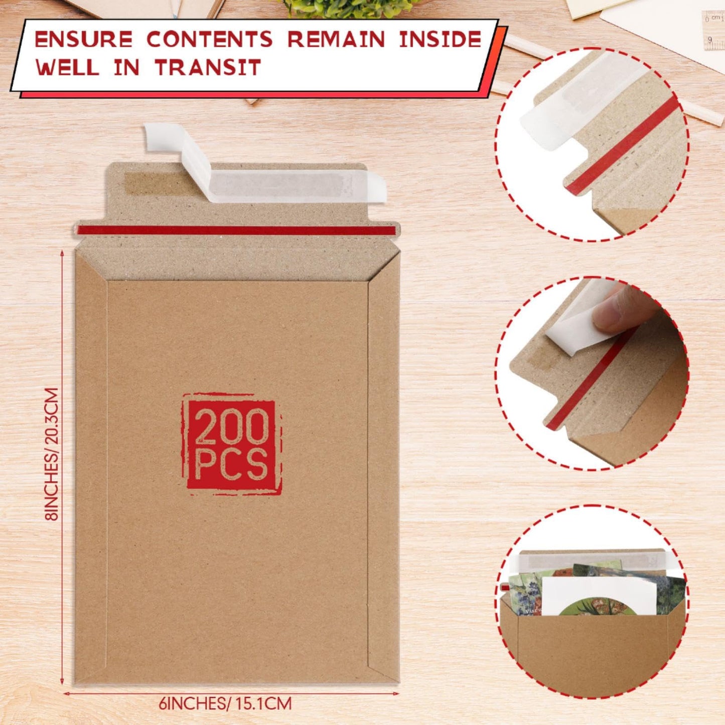 Fainne 200 Pack 6 x 8 Inch Rigid Mailers Self Adhesive Seal Photo Document Mailers 250gsm Keep Flat Kraft Photography Cardboard Envelopes for Shipping Cd, Photo, Gift Card, Document, Paper