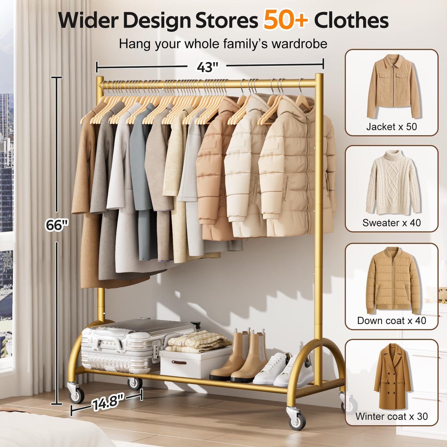 MISSLO Heavy Duty Clothing Rack with Wheels Rolling Clothes Racks for Hanging Clothes, Coats, Garment, Dress, Gold