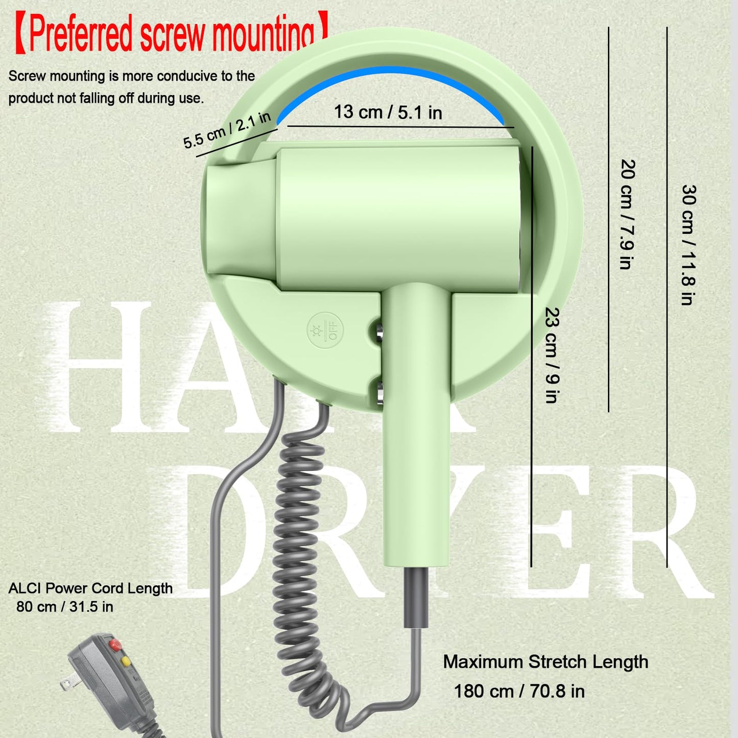 110V Hotel Wall Mounted Hair Dryer for Bathroom（with Night Light） Professional Styling HairDryer for Salon【Blue Light Negative Ions】 Fast Drying Restroom Blow Dryer，Matte Texture - Pearly White