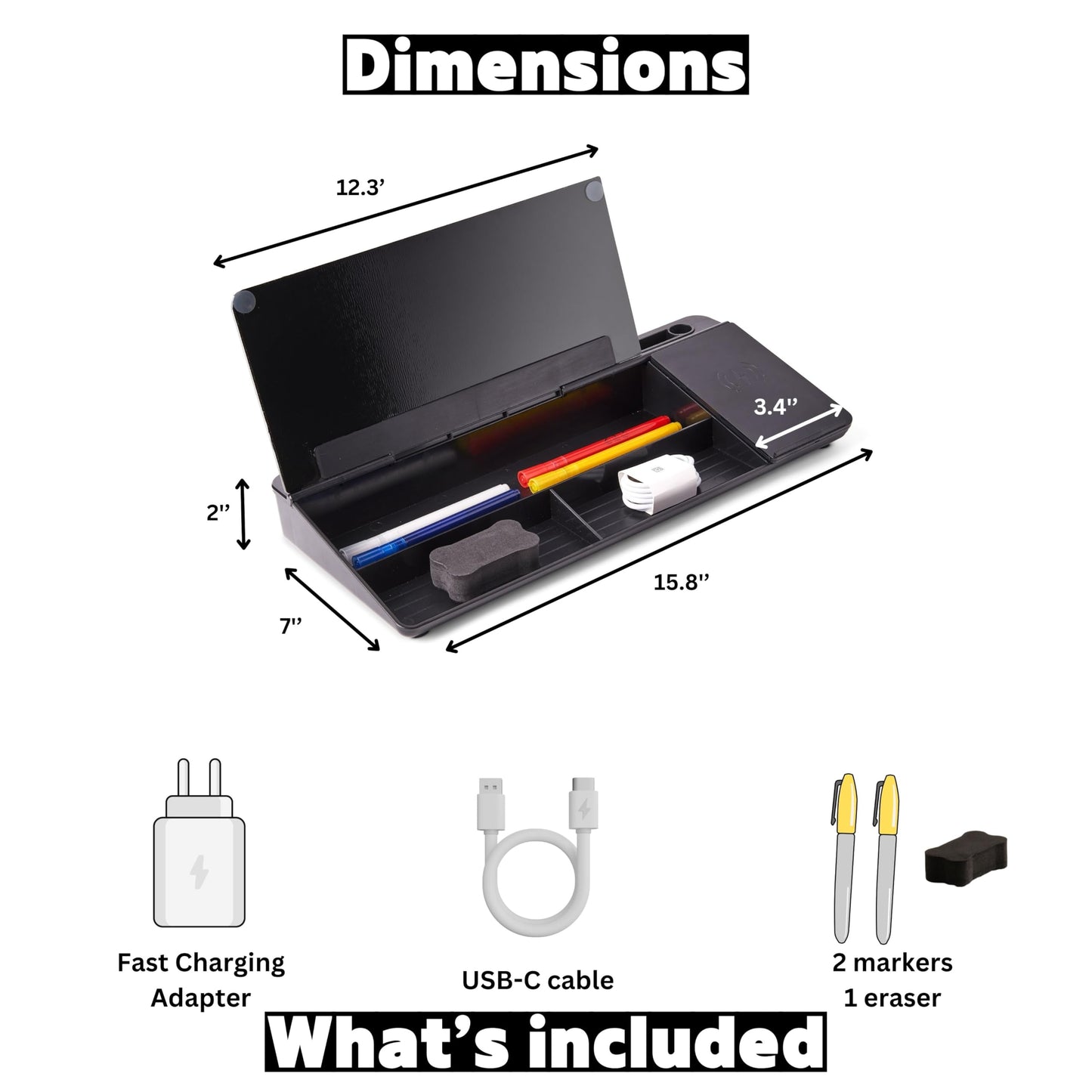 Garood Desktop Whiteboard Black with Wireless Charger Adapter Included Desk Buddy Charging Desktop Whiteboard Keyboard Glassboard Dry Erase Board Dry Erase Accessories 15.8X7X2 inches