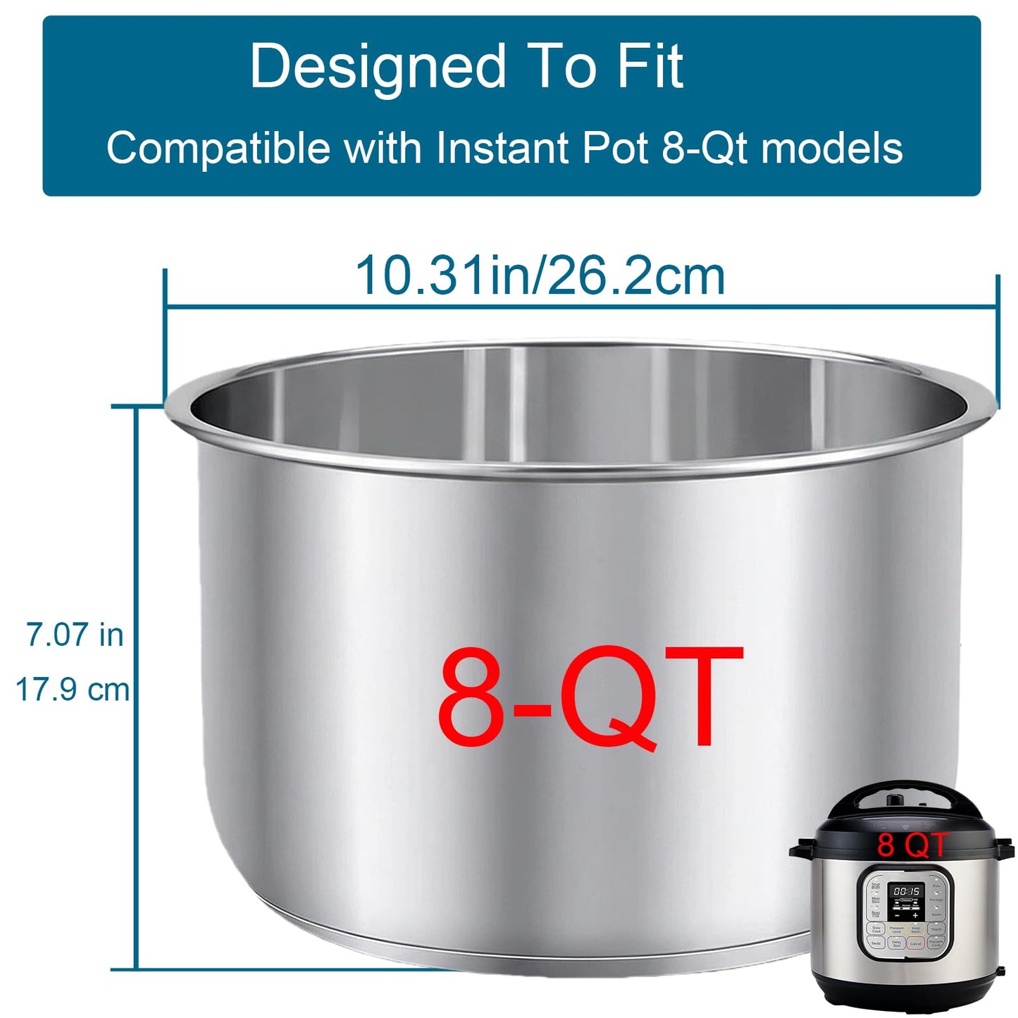 Replacement Pot for Instant Pot 8-Qt, 304 (18/8) Stainless Steel Inner Pot for Instant Pot 8-Quart, Upgrade Insert for Instantpot, Liner for Insta Pot 8 Qt with Thick Bottom, Non-Toxic (No Teflon)