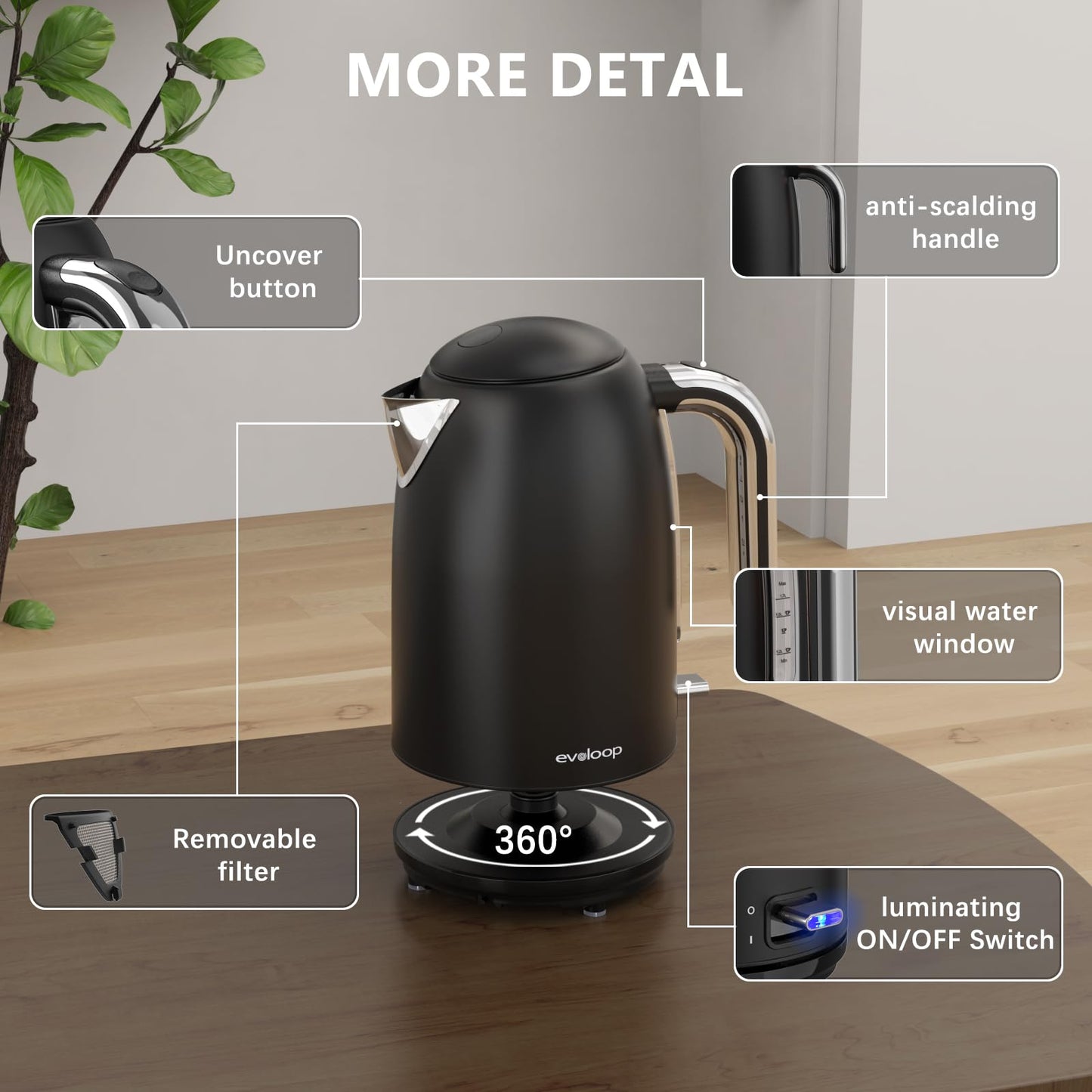 Evoloop Electric Kettles, 1.7L Tea Kettle, Hot Water Boiler Heater, Stainless Steel Electric Teapots BPA Free, Auto Shut-Off & Boil-Dry Protection, 120V/1500W-Black