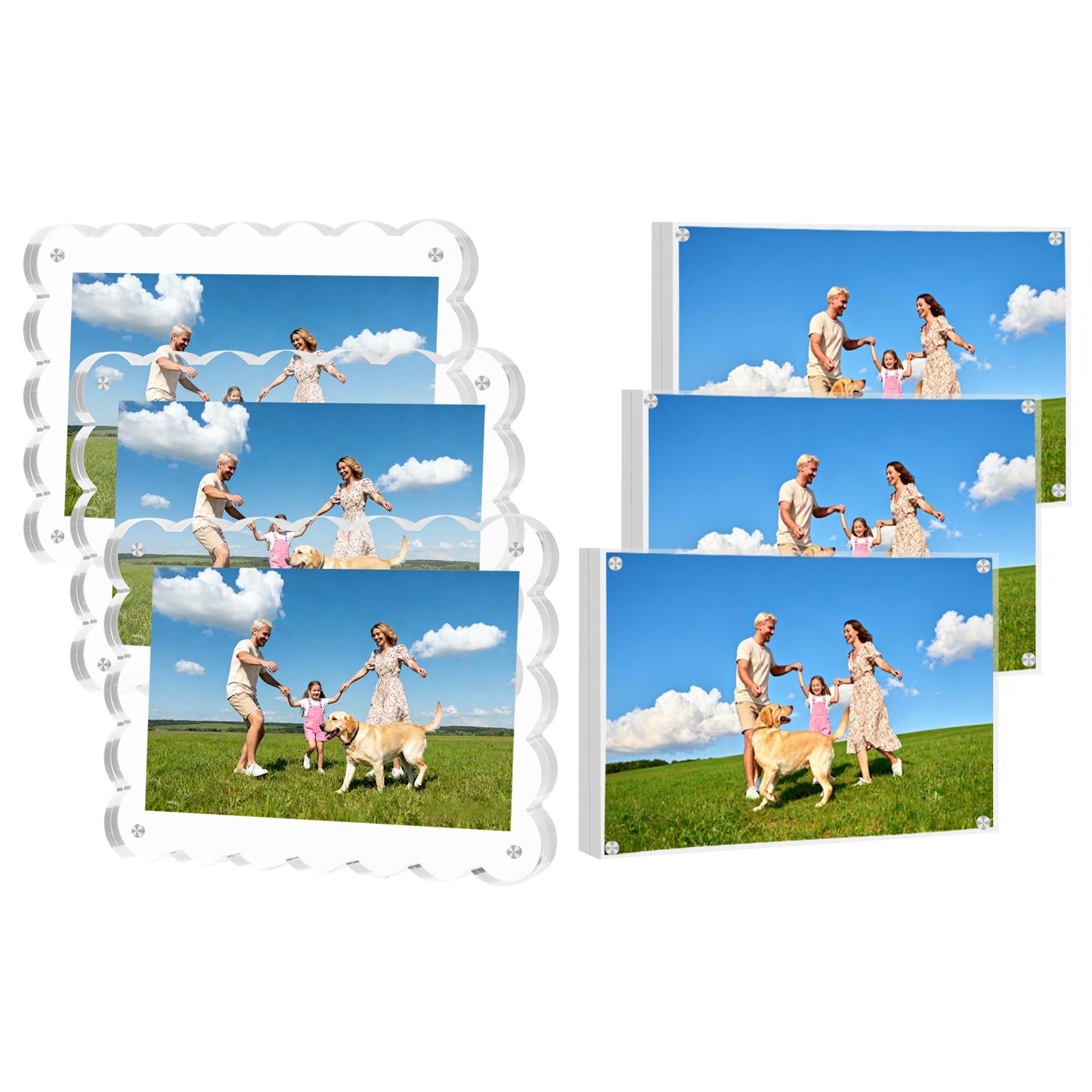 KRT 6 Pack Acrylic Picture Frames 4x6, Scalloped Acrylic Frame, Desktop Display Vertically or Horizontally Transparent Clear Double Sided Magnetic Picture Frame