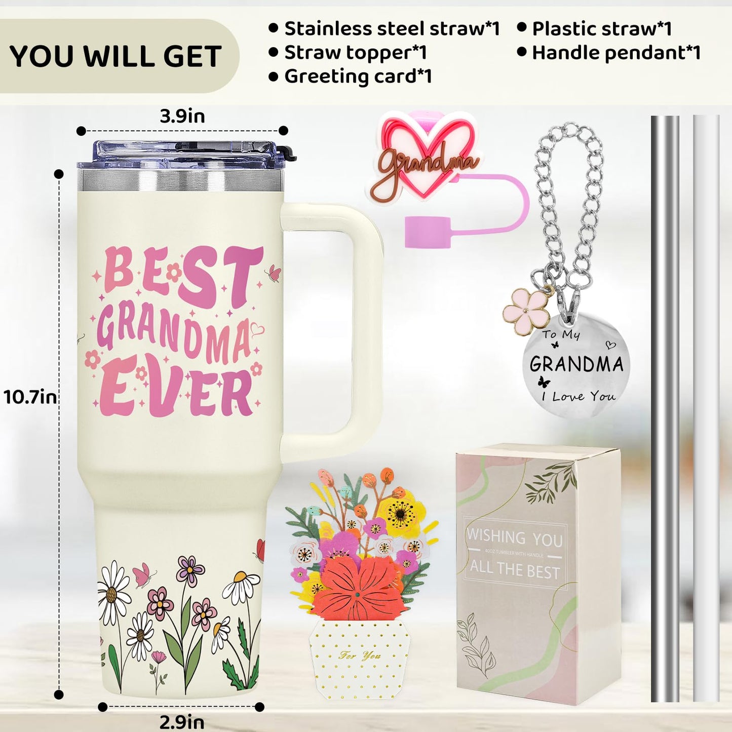 AiHeart Grandma Gifts,Gift for Grandmother,Birthday Gift for Grandmother,Mother's Day Gifts for Granny,40oz Double wall vacuum insulation Tumbler with Handle,Best Grandma Ever Tumbler