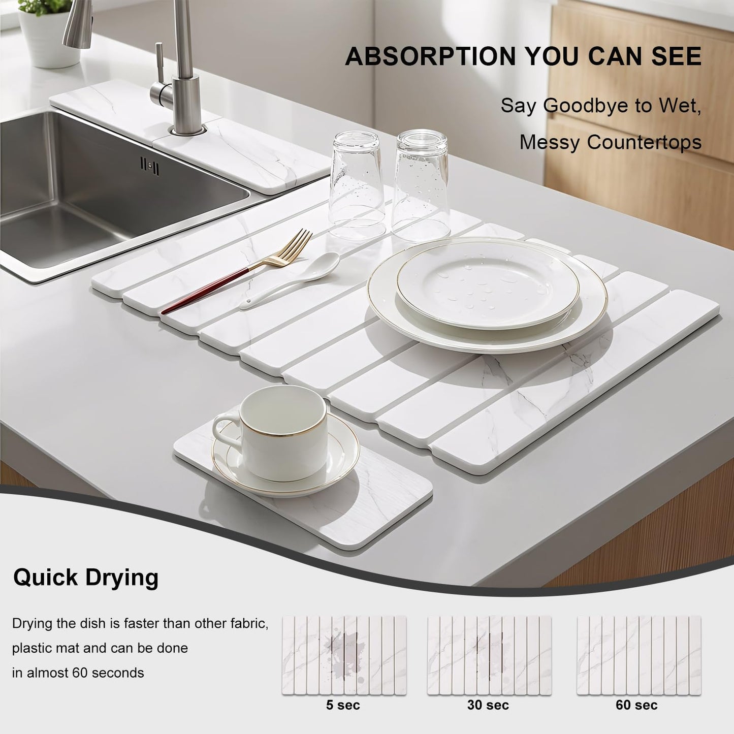 3 PCS Large Stone Dish Drying Mat for Kitchen Counter, Quick Dry Stone Dishes Mats, Sink Faucet Mat, Marble Water Absorbing Diatomaceous Earth Drying Pad for Countertop Tableware, Bottles