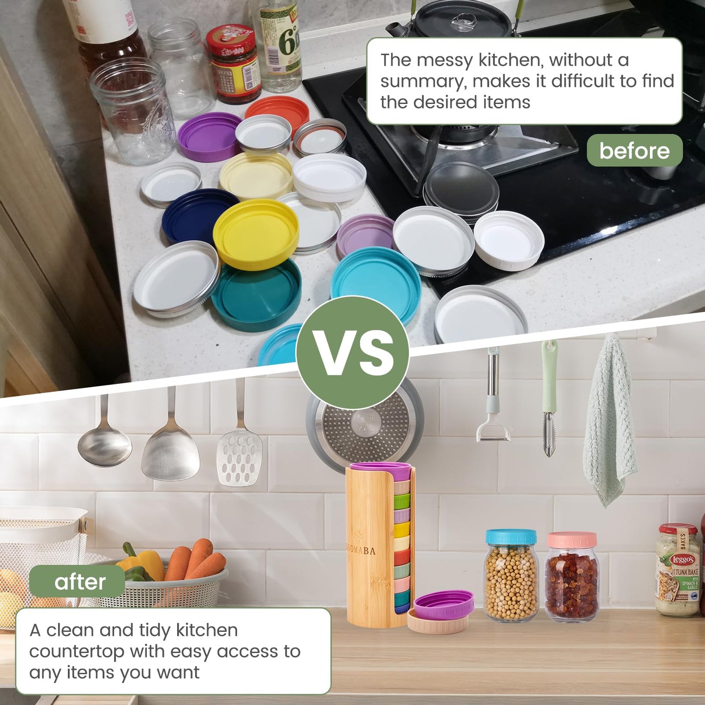 QOOMABA Mason Jar Lid Organizer (2pcs), Mason Jar Lid Storage Made of Bamboo, Suitable for Mason/Canning/Bamboo Lids(WIDE/REGULAR), Fit Perfectly, Stackable Steady