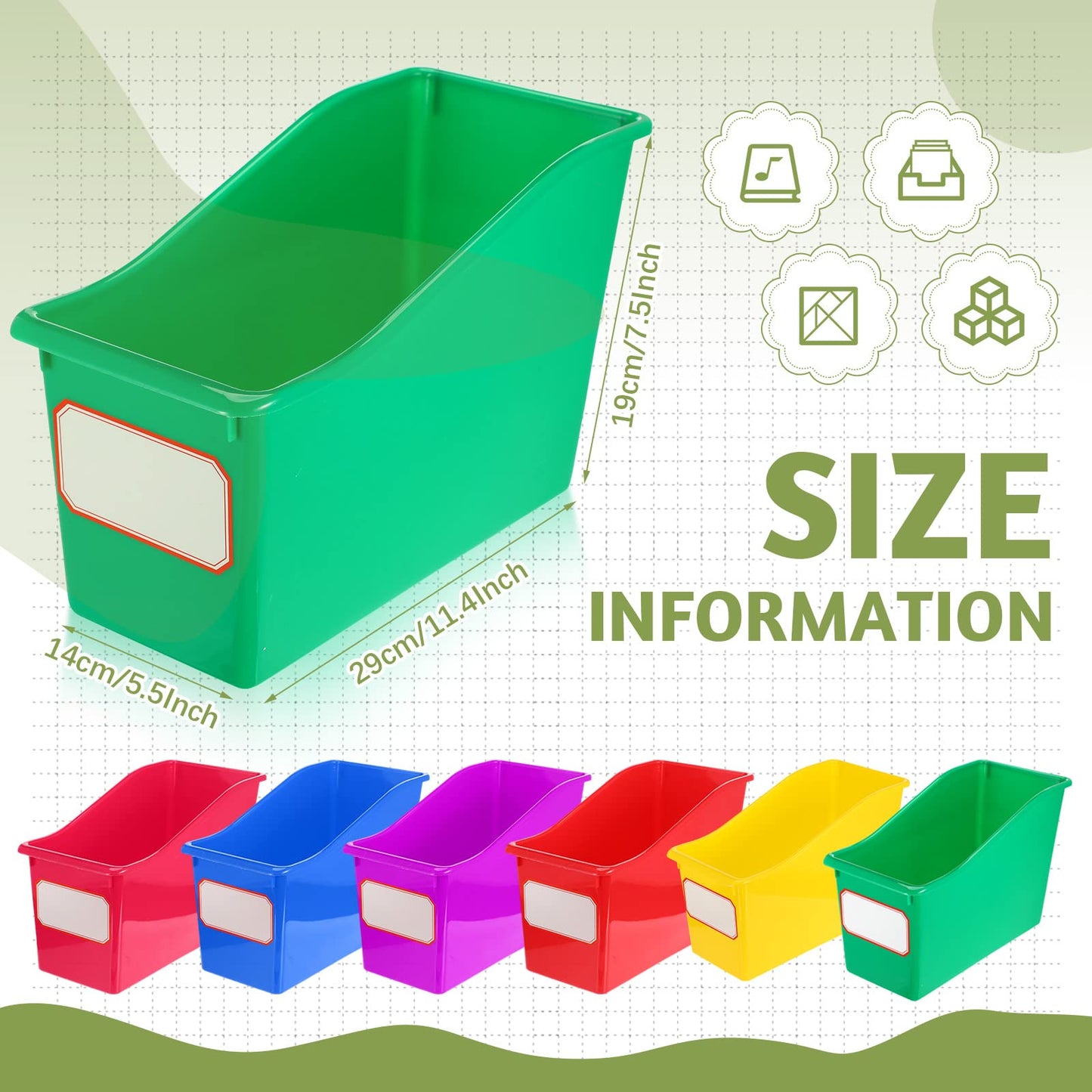 Teling 12 Pcs Book Bins Bulk - Plastic Book Storage Bin with Labels for Classroom Interlocking Magazine Holder Organizer Binder Container Box for School Office Desktop Bookshelf Home (Rainbow Bright)