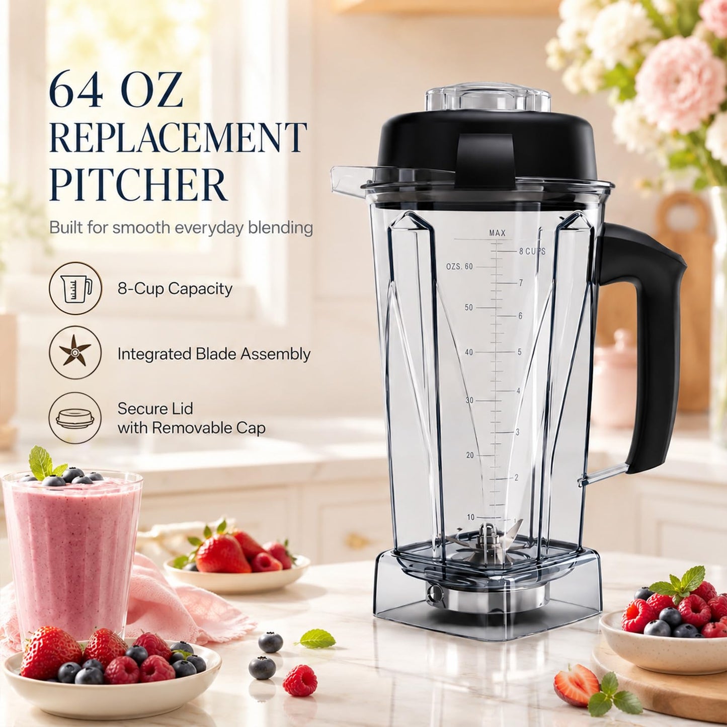 Nikkar Blender Pitcher 64oz Replacement Pitcher Compatible with 5200 6300 5000 VM0101 VM0102 VM0103 VM0197 6000 Classic/Explorian/Commercial Blender Cup