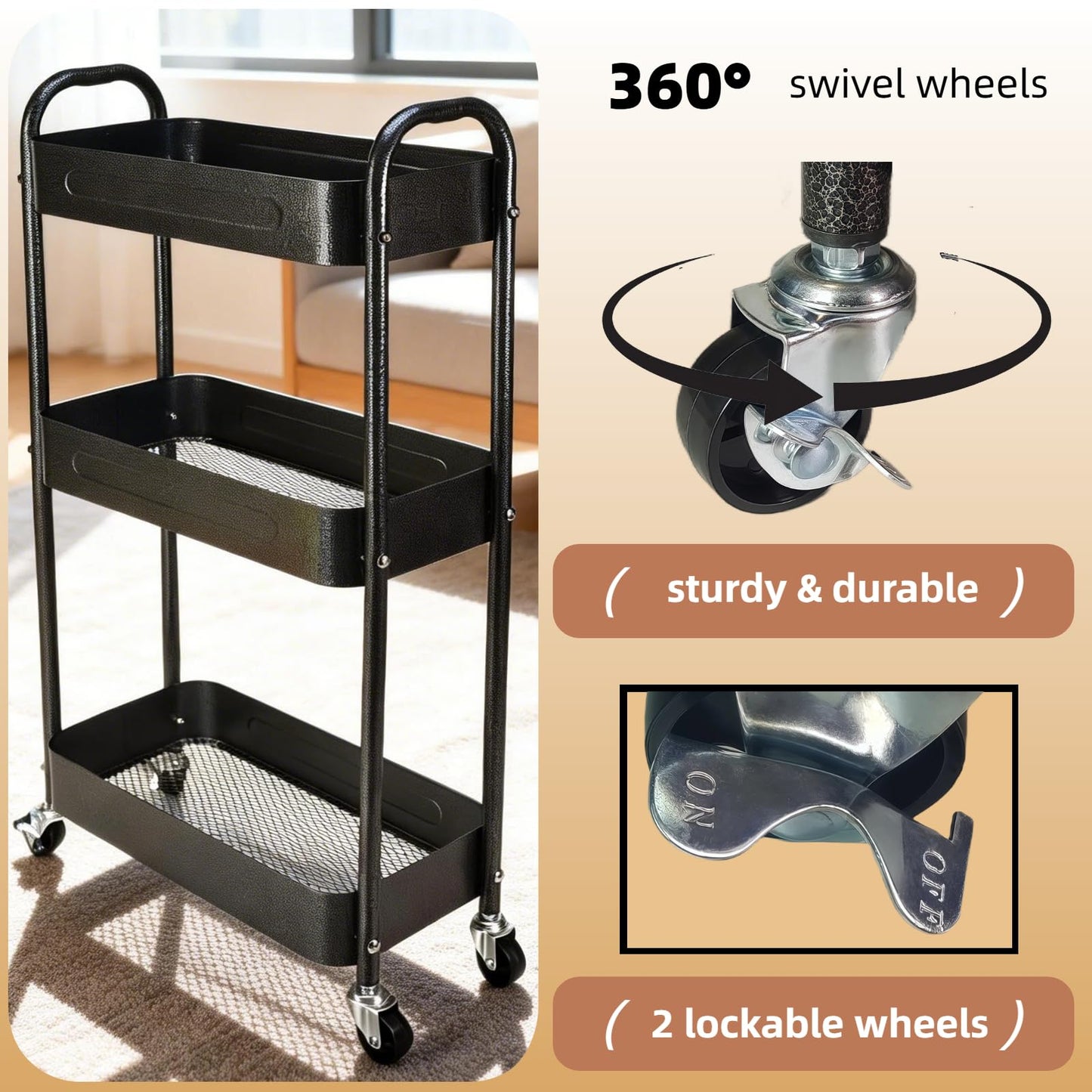 LIWNYRK 3 Tier Slim Metal Rolling Storage Cart for Laundry Room & Kitchen Organizer, 7.1'' Thin Standing Shelf for Narrow Spaces, Utility Cart with Wheels & Lockable Casters for Bathroom, Black