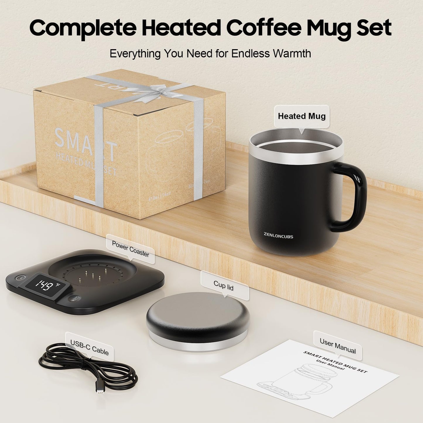 ZENLONCUBS Smart Electric Heated Coffee Mug with Temperature Control, 5 Settings & Display, Auto Shut-Off, Fast Heating Warmer Set with Stainsteel Coffee Mug (14oz-Black)