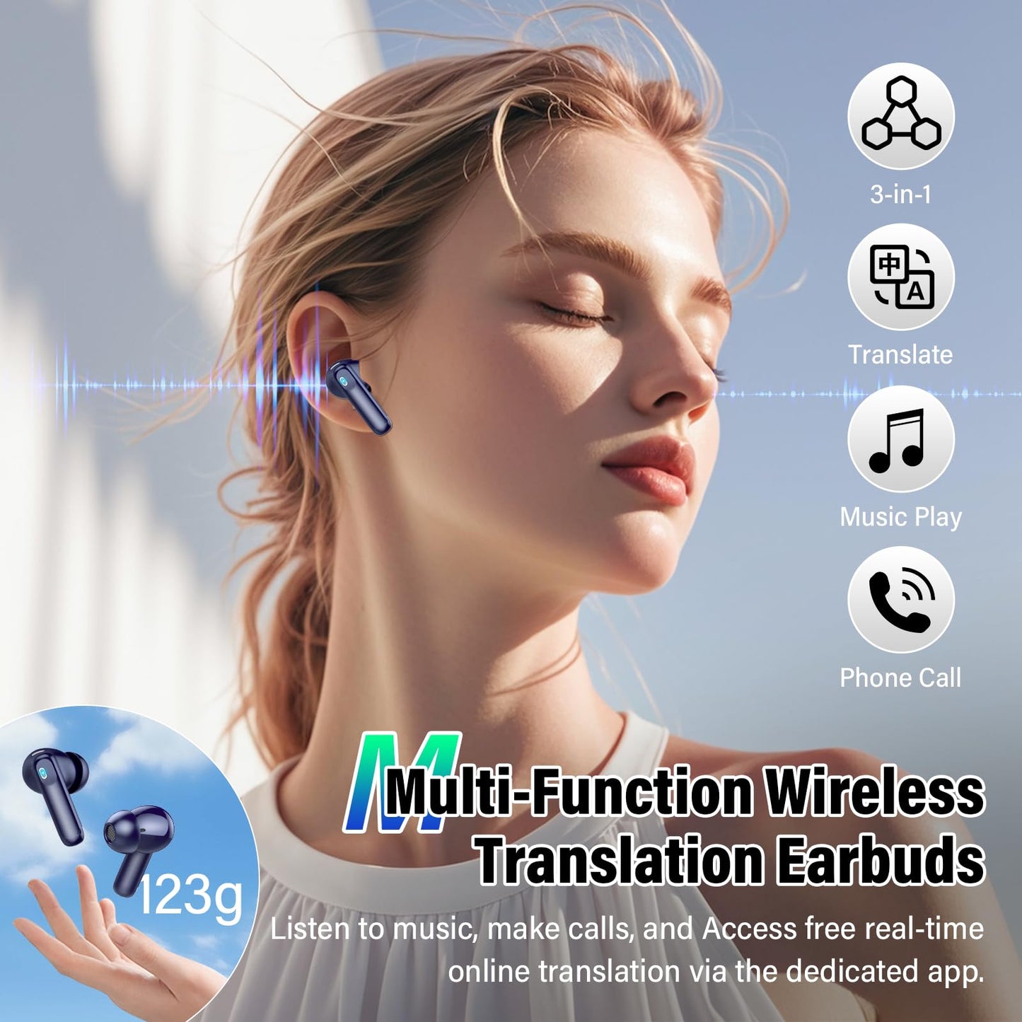 AI Translation Earbuds Real Time,164 Language/7 Translation Modes Translator Earbuds with Audio and Video Calls,No Subscription,5 EQ Modes Touch Screen Translator Headphones,48H AI Ear Buds, Dark Blue