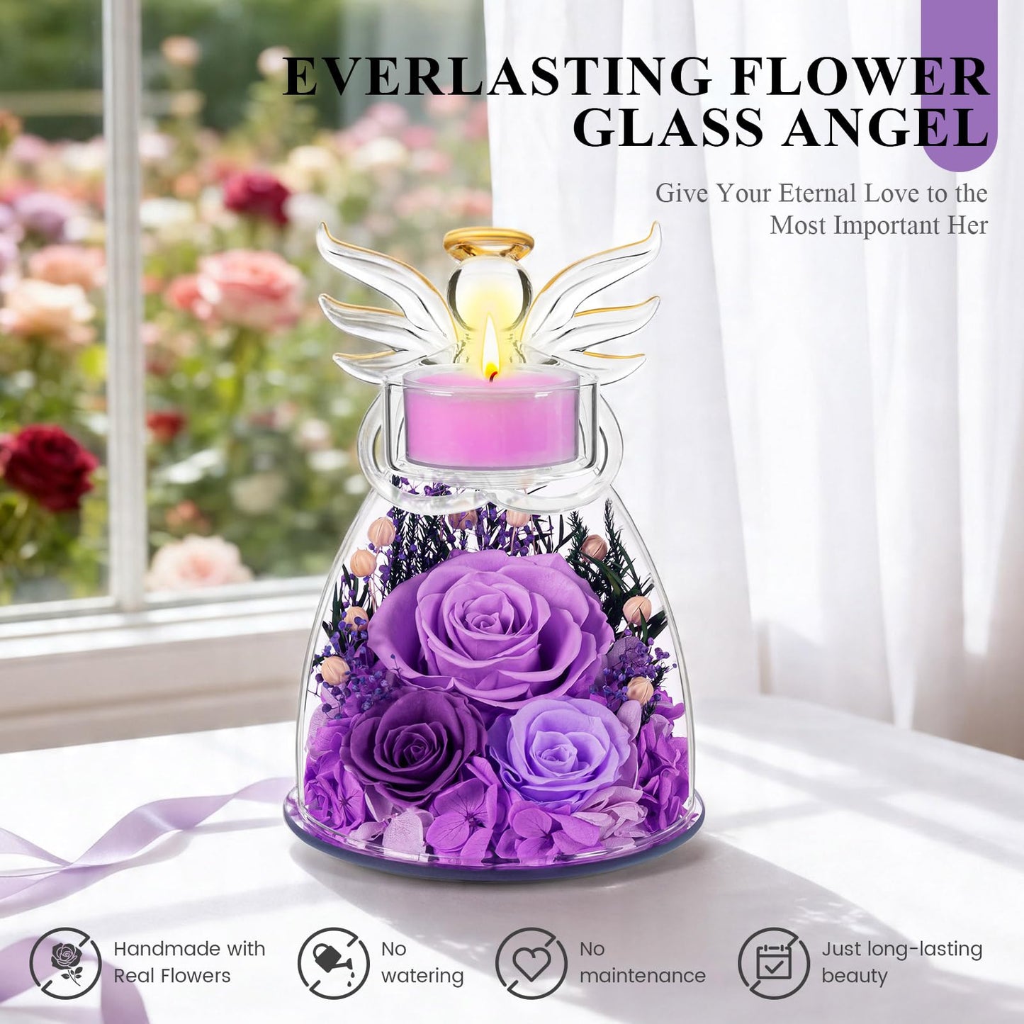Agrul Mothers Day Roses Gifts for Mom Women,Preserved Real Flowers Roses in Glass Angel Figurines Candle Holder with Tealight Candle Holder/Purple