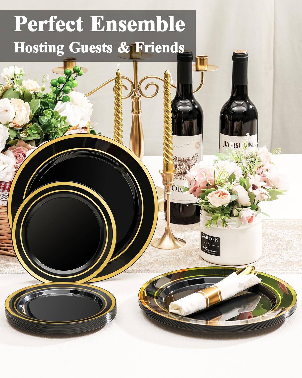 BESTSTAR 200PCS Black Plastic Plates Set with Gold Rim, 100 10.25 inch Dinner Plates and 100 7.5 inch Dessert Plates, Premium Disposable Plates forfor Party, Wedding, Holiday
