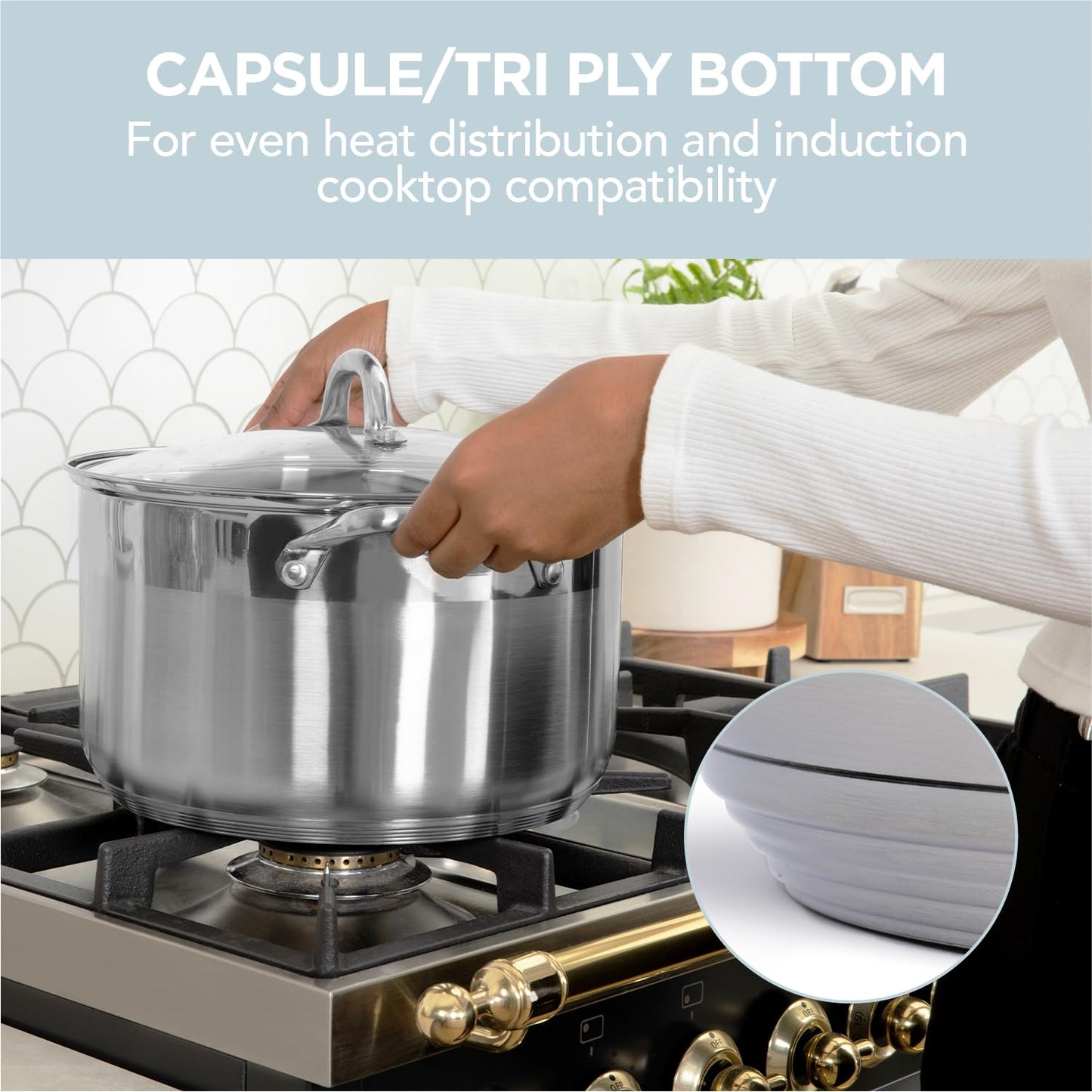Alpha Living SP-08G Stainless Steel Pot with Capsule Bottom – Induction Compatible 8Qt Pot with Lid – Tri-Ply Ultra-Thick Bottom – Ideal for Spaghetti, Cooking, Canning, Boiling