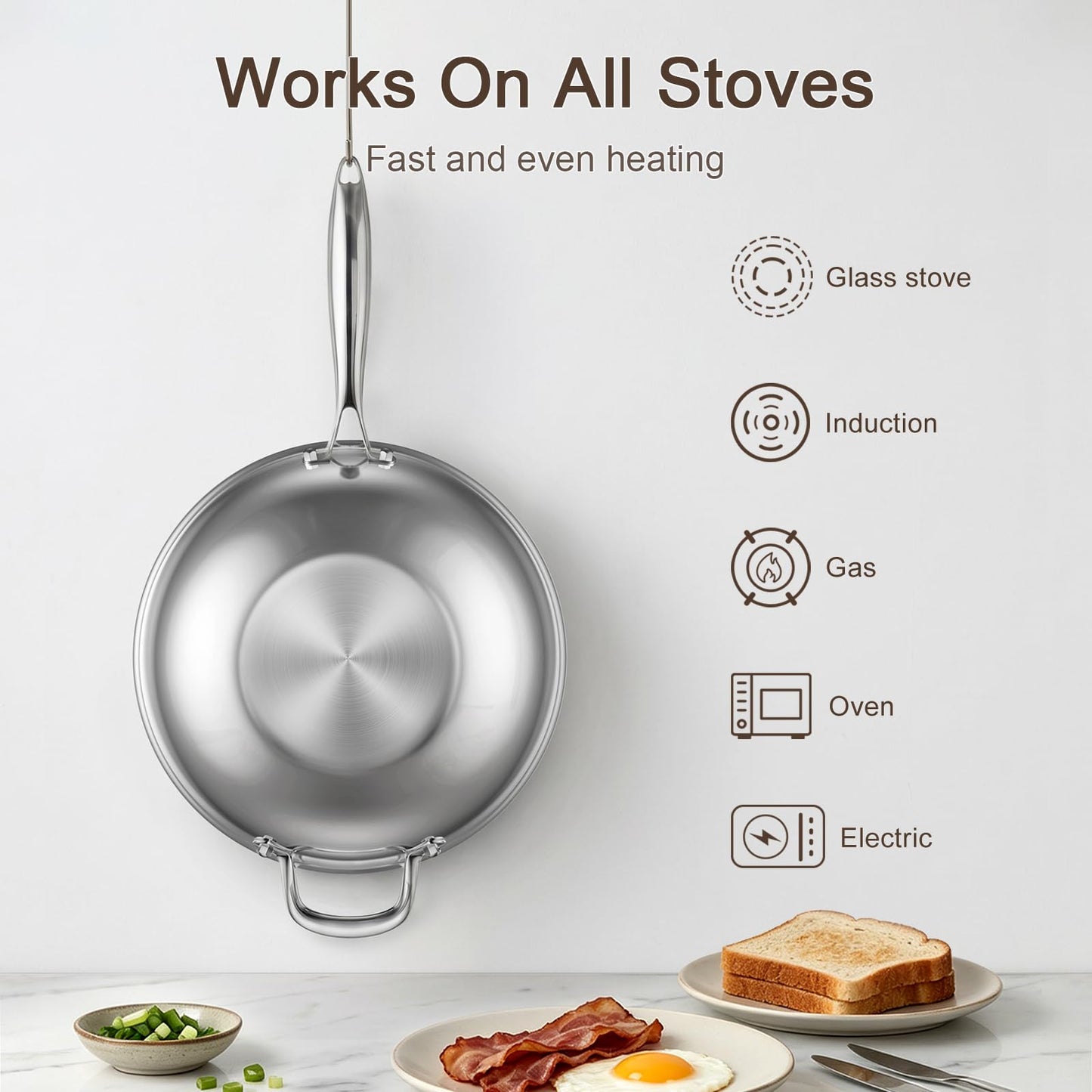 Uven Traoqq 12.5-Inch Hybrid Stainless Steel Wok Pan with Lid, Laser-Textured Nonstick Stir Fry Pan, PFOA-Free, Induction Compatible, Oven & Dishwasher Safe for All Cooktops