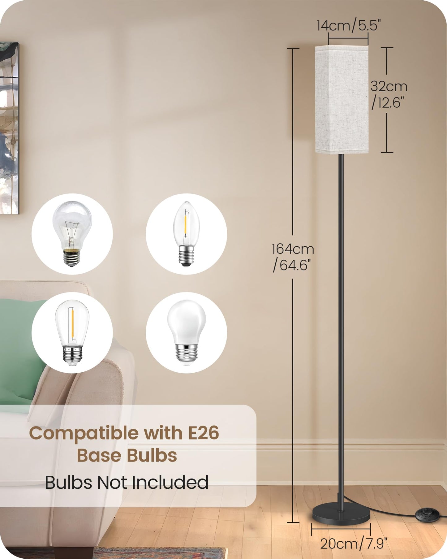 GOEBLESON 2 Pack Floor Lamp, Pole Lamp with Foot Switch, Modern Standing Lamp Lampshade, Minimalist Freestanding Lamp (Bulb Not Included), for Living Room, Bedroom Office, Black and Beige E07LDP205