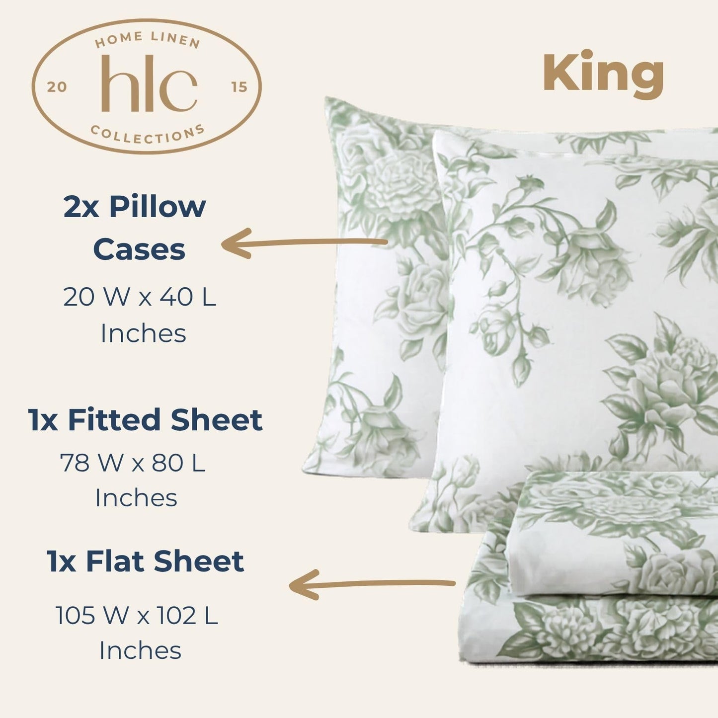 HLC.ME Rose Toile Floral Bed Sheets - 4 Piece Bed Sheet Set - Wrinkle Resistant & Ultra Soft - Fits Mattresses up to 15 Inches Deep (King, Sage Green)