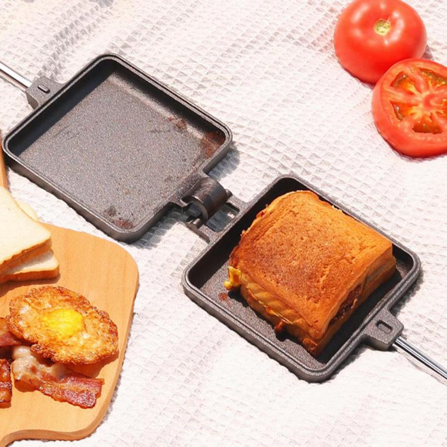 IPROUDER Campfire Pie Iron 4.9" Large Cast Iron Sandwich Maker for Camping 2 Pcs with Storage Bag - 21.7 inch Adjustable Handles - Campfire Cooking Equipment for Grilling & Outdoor Cooking