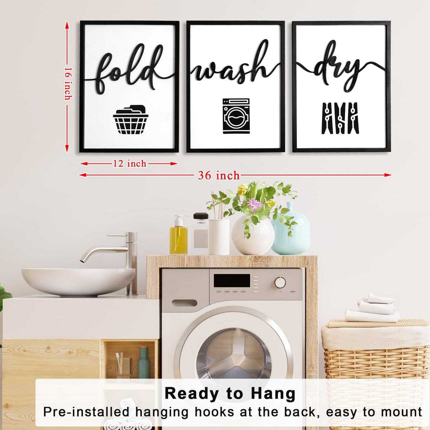 3D Wood Laundry Room Wall Decor, 36" x 16" Framed Laundry Room Wall Art, 3D Laundry Signs for Room Decor (Ready to Hang, Set of 3, Framed)