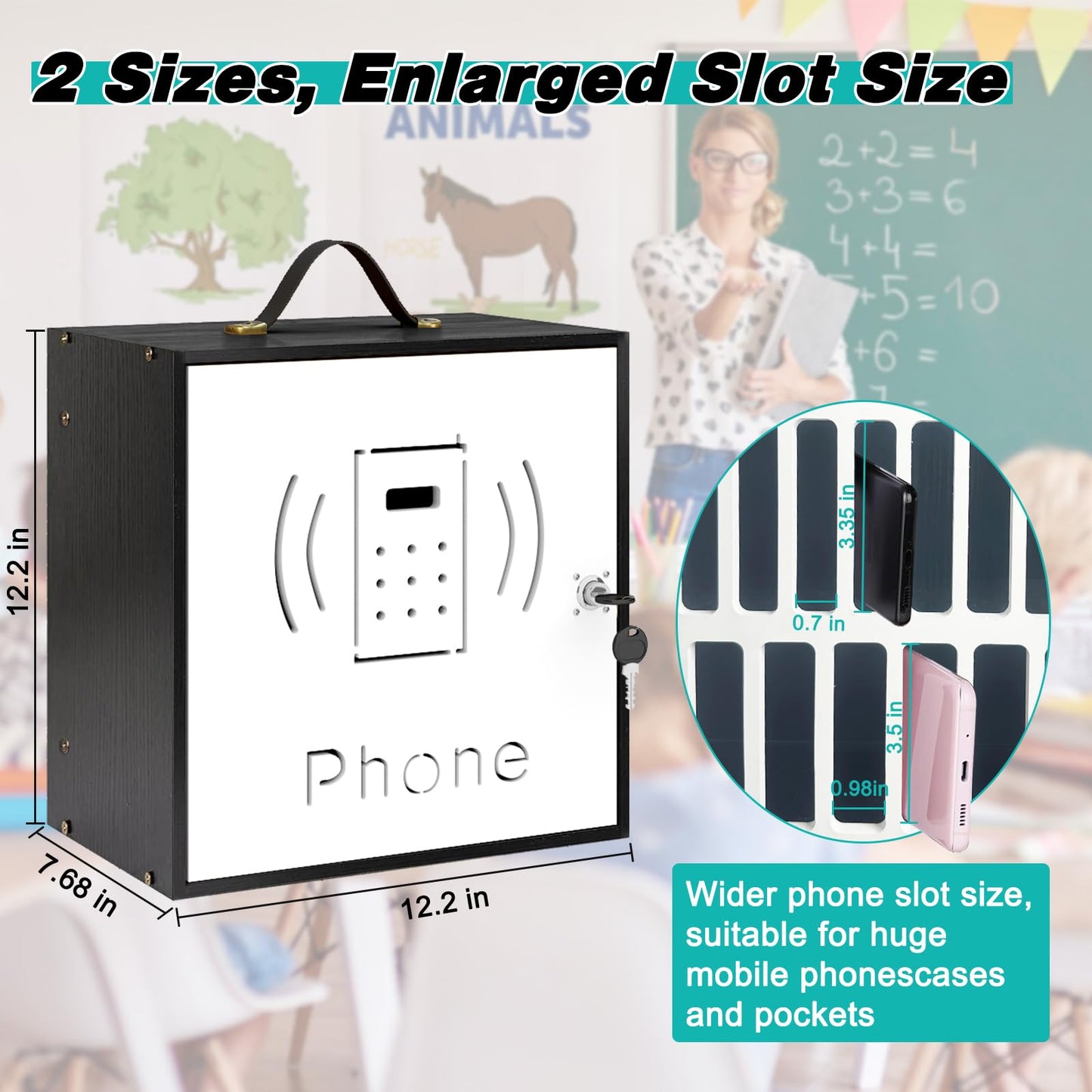 HZE Cell Phone Holder Classroom, 31 Slots, Wooden, Cell Phone Lock Box Pocket Chart with Handle and Security Lock for Storage and Organizer for Teacher, School (Black)