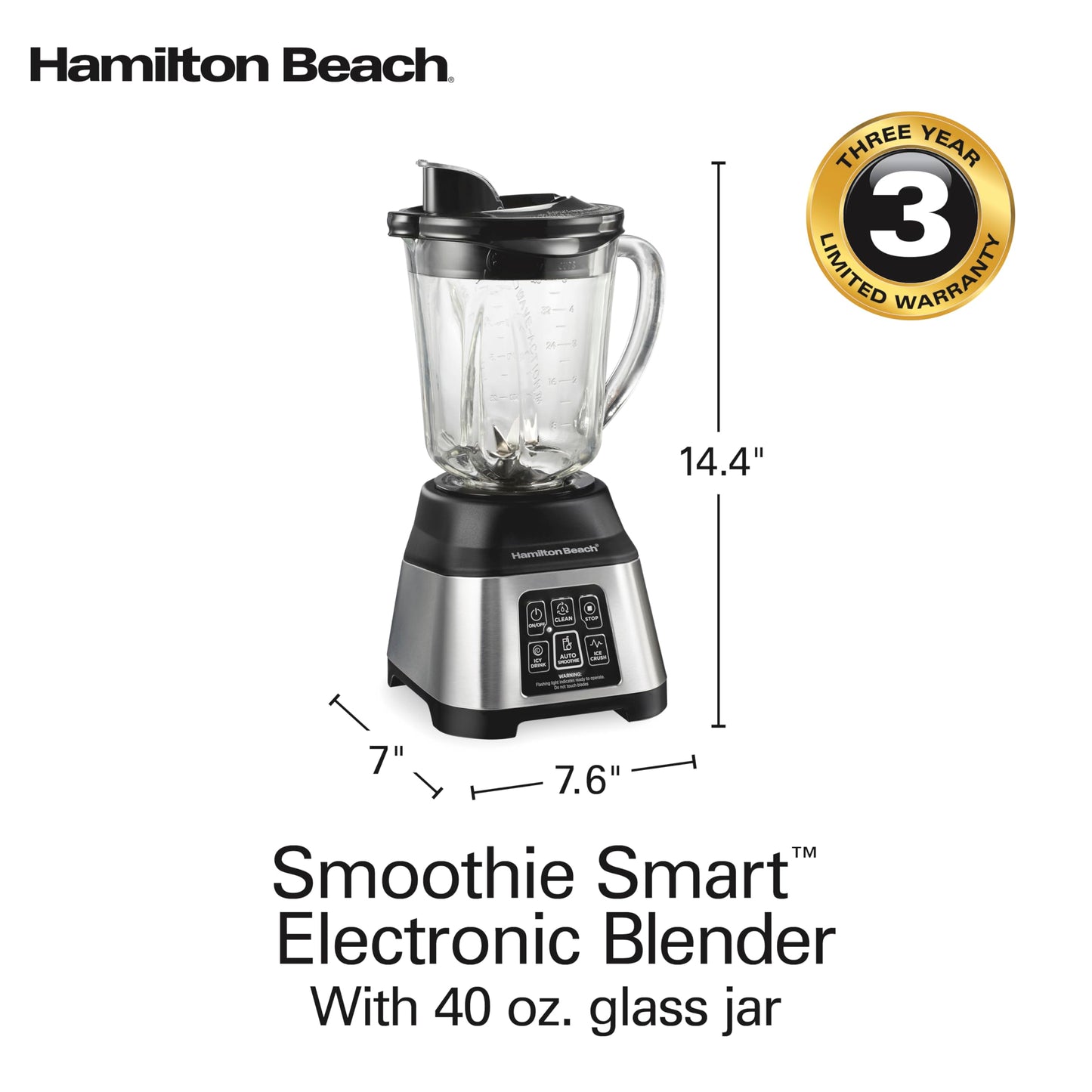 Hamilton Beach Blender for Smoothies with 5 Functions Including Auto Smoothie Cycle, Wave Action System for Ultra Smooth Results, 850 Watts, 40oz BPA Free Glass Jar, Stainless Steel (56208)