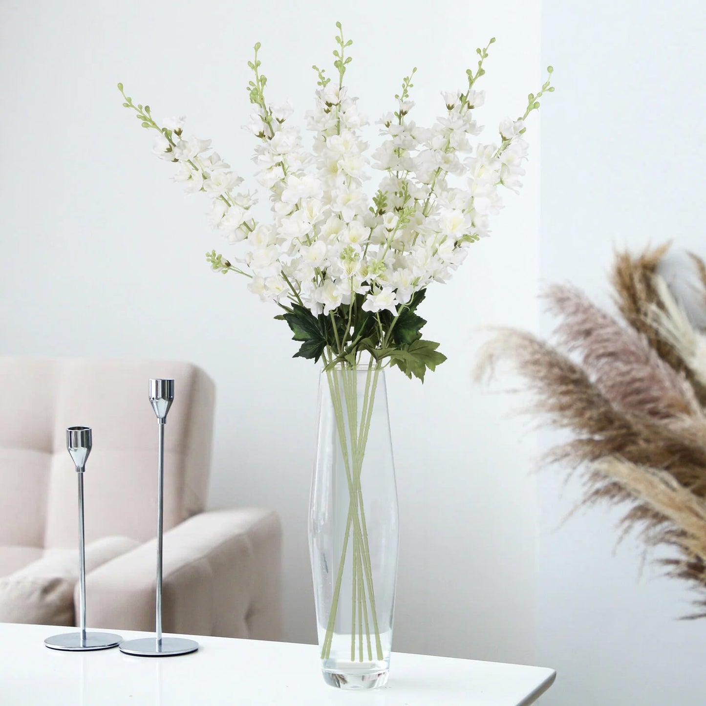 White Delphinium Artificial Flowers,8PCS Long Stem Silk Larkspur Flowers 33.5'' Faux Delphinium Stems for Tall Vase Home Wedding Table Decor(White)