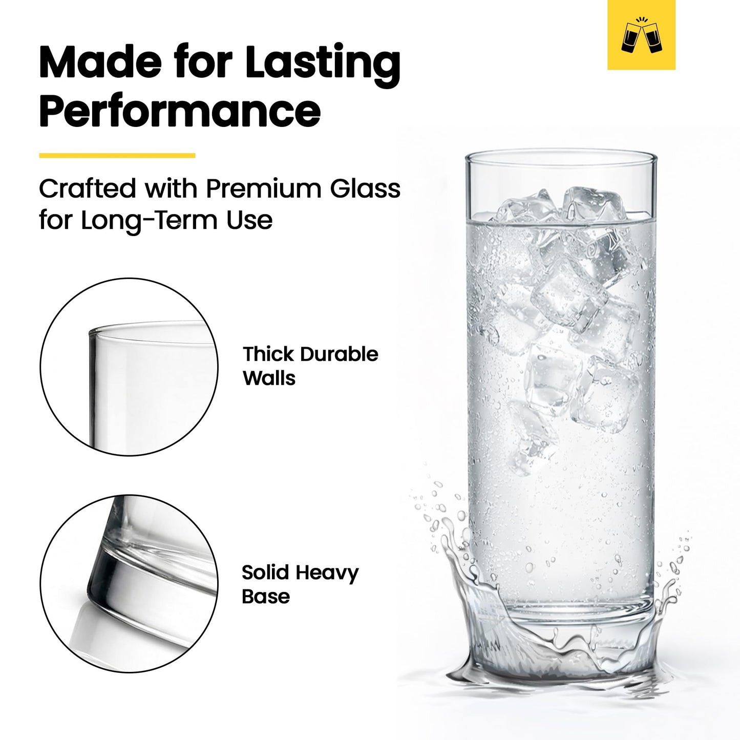 LEMONSODA Highball Glasses Set of 6 | 12oz Lead-Free Glass | Dishwasher Safe Sturdy Base | Clear Crystal Glass Tumblers for Mojito Whiskey Cocktail Bar Glassware Gift Box Included