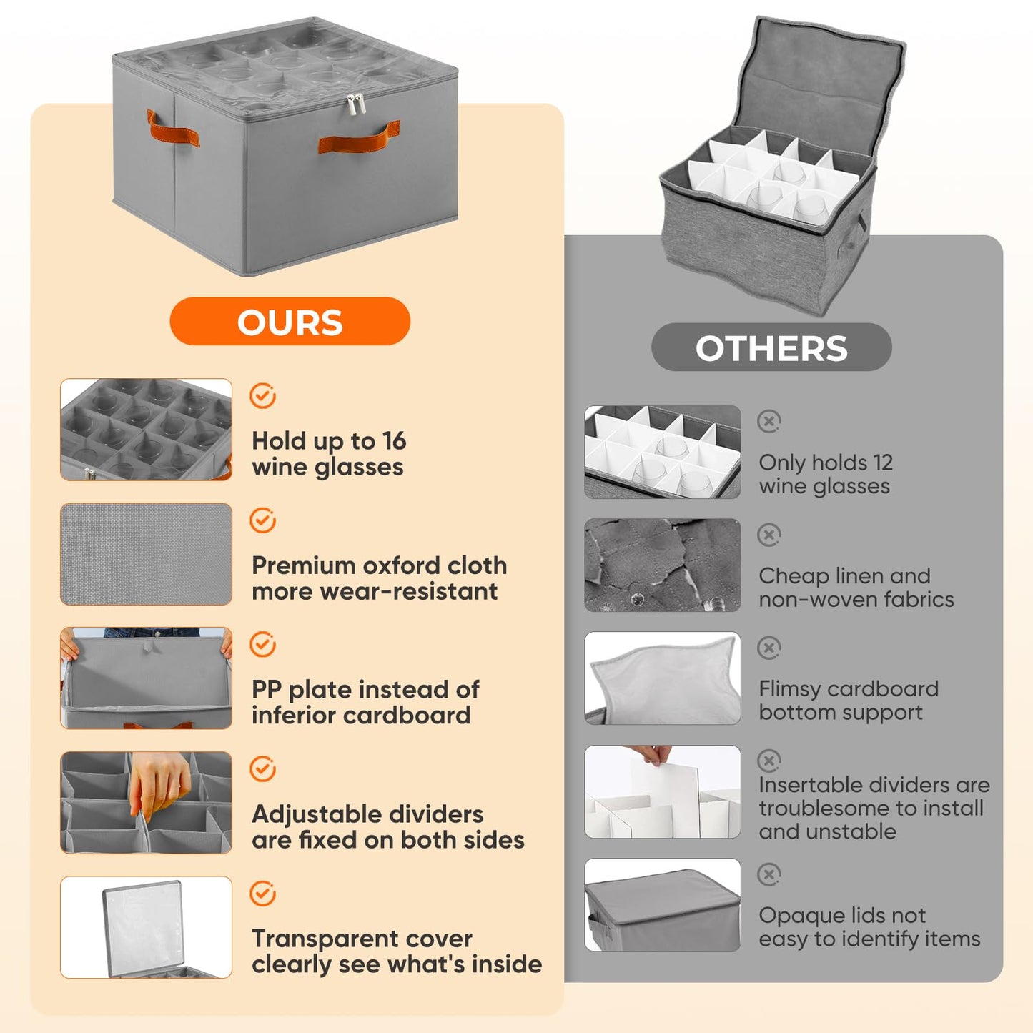 Foyego Wine Glass Storage Box with Dividers, 2 Pack Glassware Storage Containers, Stemware Storage Cases Holds 32 Wine Glasses, Stackable Crystal Storage Containers with Clear Cover for Moving，Gray