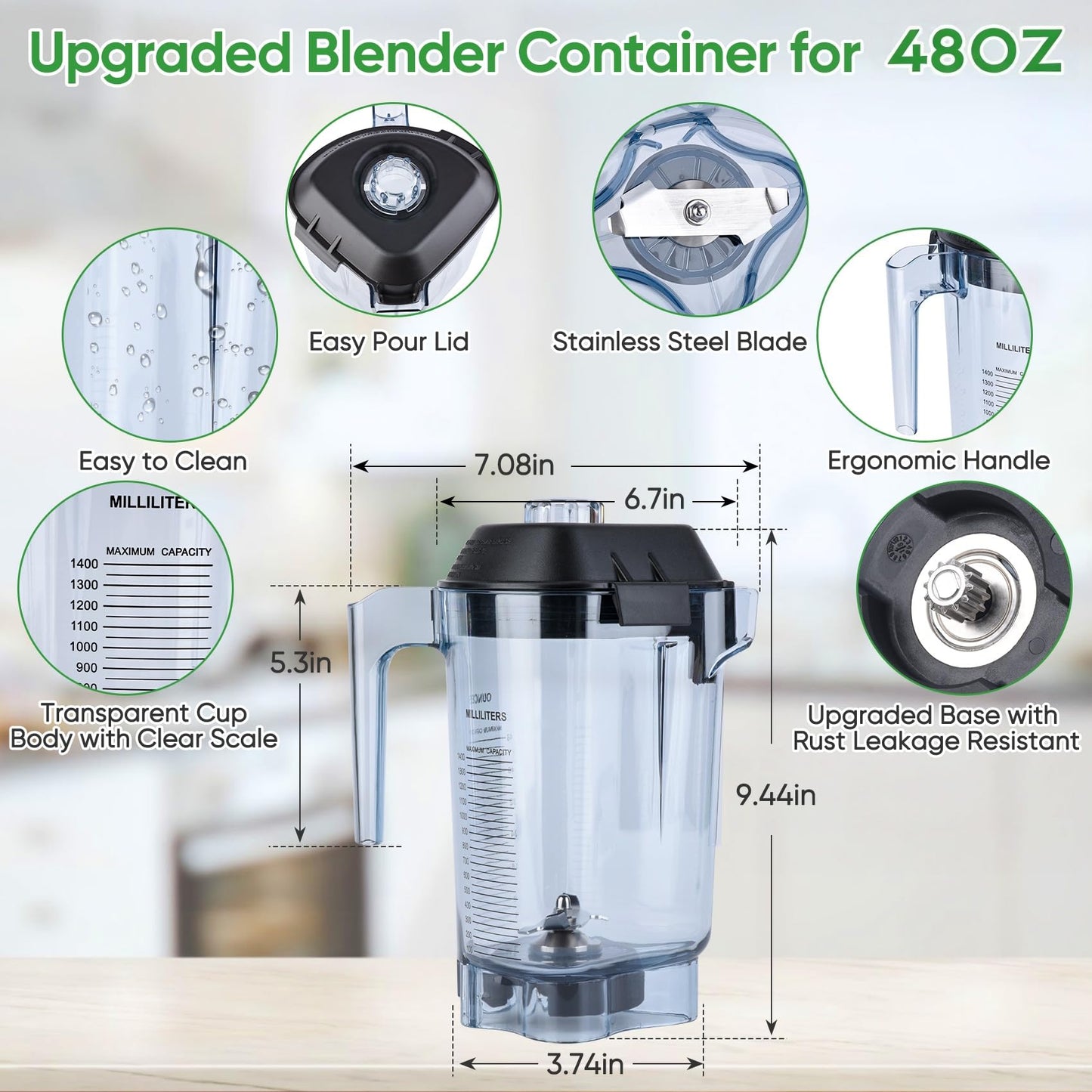 For Blender Pitcher 48oz, Compatible with Commercial Blender Replacement Quiet One VM0145 VM0100A 36019 15978 16016 BarBoss Drink Machine Advance Upgrade VM0100A Jar Container Cup, 5 YR Warranty
