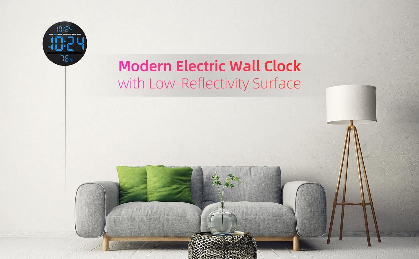 Digital Wall Clock with Large LED Display, Date, Temperature, Auto-Brightness | Small [PLUG-IN] Clock | Modern Electric Wall Clock for Bedroom, Classroom, Living Room, Home, Office, Farmhouse - Blue