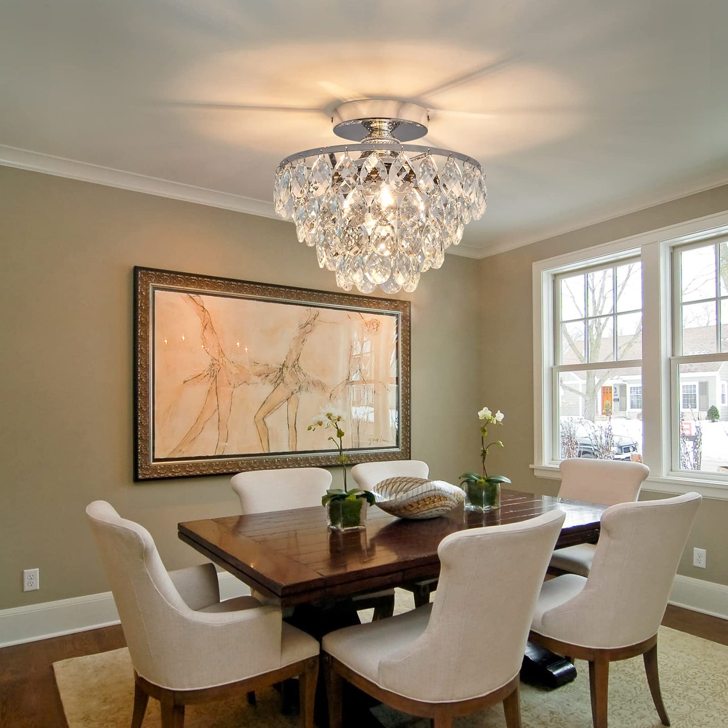YYJLX Modern E26 Small Crystal Chandelier Semi Flush Mount Ceiling Light Fixture Silver Ceiling Lamp for Hallway Bedroom Bathroom Closet Bedroom Foyer （Chrome）