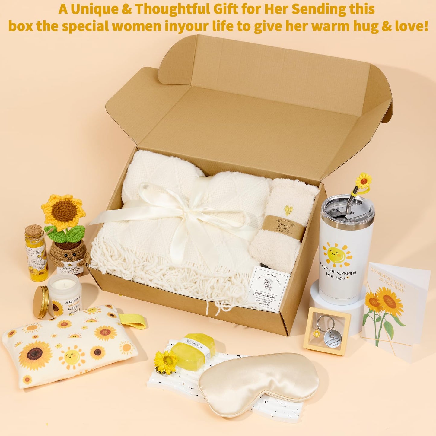 Self Care Gifts for Women - Sending Sunshine Care Package with Blanket, Get Well Soon & Thinking of You Gifts | Unique Sunflower Thank You Gift Box for Wife, Her, Girlfriend, Mom, Sister, Daughter