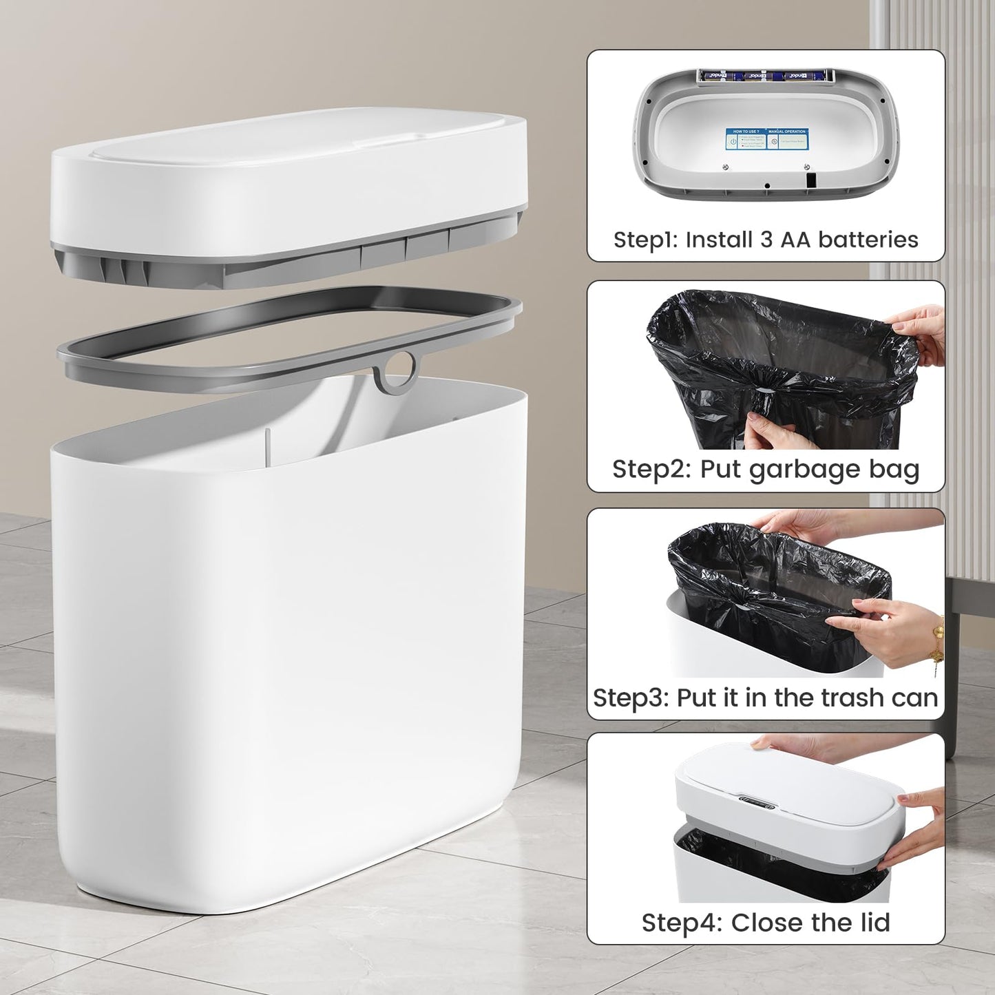 JUDRDO Small Trash Can for Bathroom, 3.5 Gallon Automatic Touchless Trash Can with Lid,Motion Sensor Slim Garbage Can Waterproof Trash Bin Waste Basket for Bedroom, Kitchen