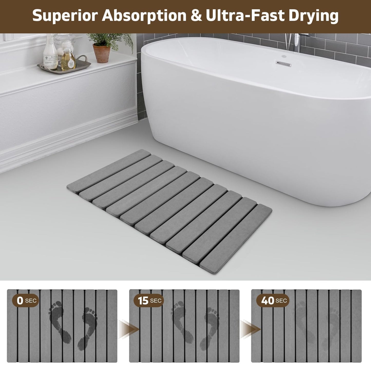Foldable Stone Bath Mat, 2 PCS Quick-Dry Diatomaceous Earth Stone Drying Mat for Bathroom, Non-Slip Rubber Base, Shower Mat Outside Shower, Easy to Store, Easy to Clean (Grey 24"×16" & 8"x4")