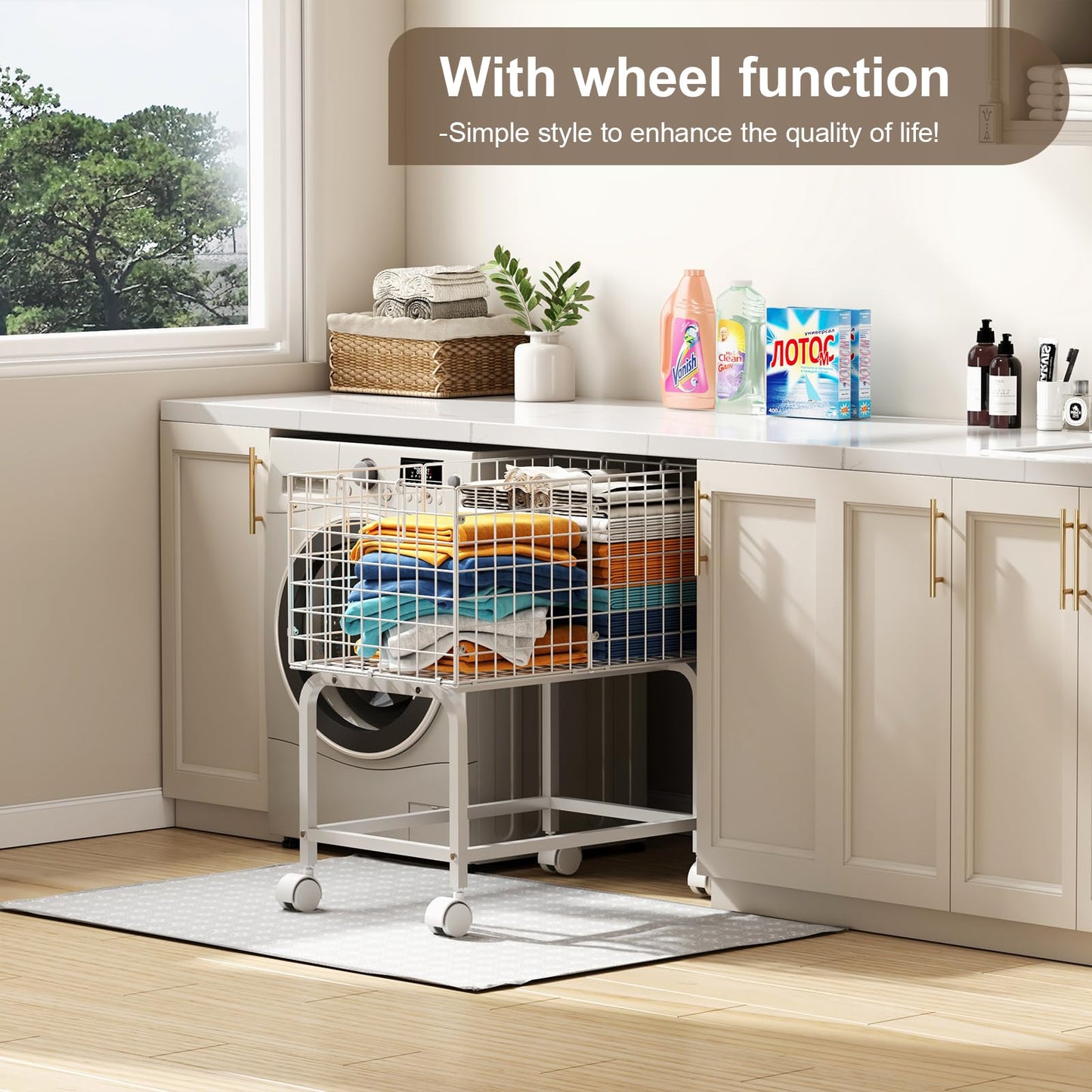 Wire Laundry Cart with Wheels,80L Rolling Laundry Basket Trolley with Pull Handle,White High Laundry Basket Cart for Laundry Room,Bathroom,Bedroom-White(23.6 * 15.75 * 28inch)