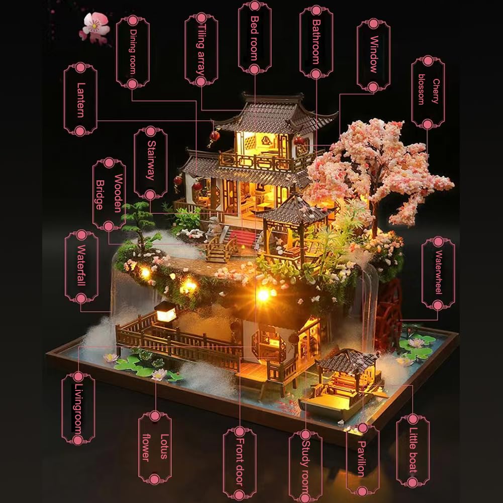 Yuzhen DIY Miniature Dollhouse with Furniture and LED Lights, Large Ancient Style Wooden Dollhouse Includes Dustcover and Music Movement