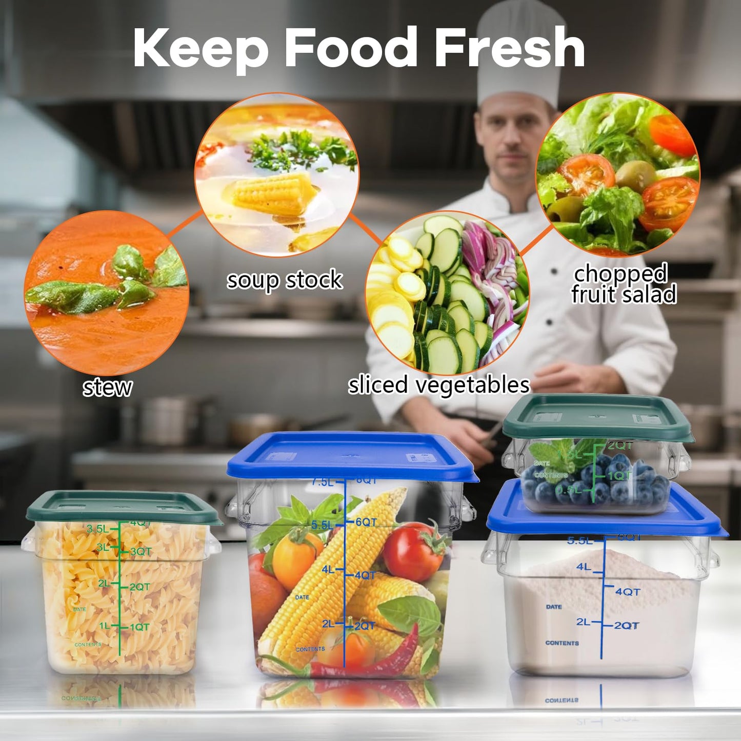 TSUBOR 4 Pack Food Storage Containers with Green Lids, 4.0 Qt - Square, Clear, Polycarbonate, for Restaurant Commercial Kitchen and Home party
