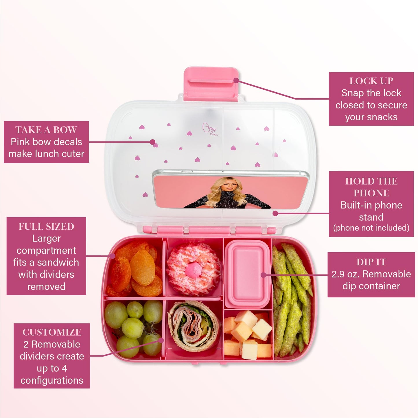 Paris Hilton 2-Pack Bento Style Snack Boxes, 7-Compartment Lunch Containers with Built-In Phone Stand, Removable Dividers and Dip Containers, Pink Heart Print