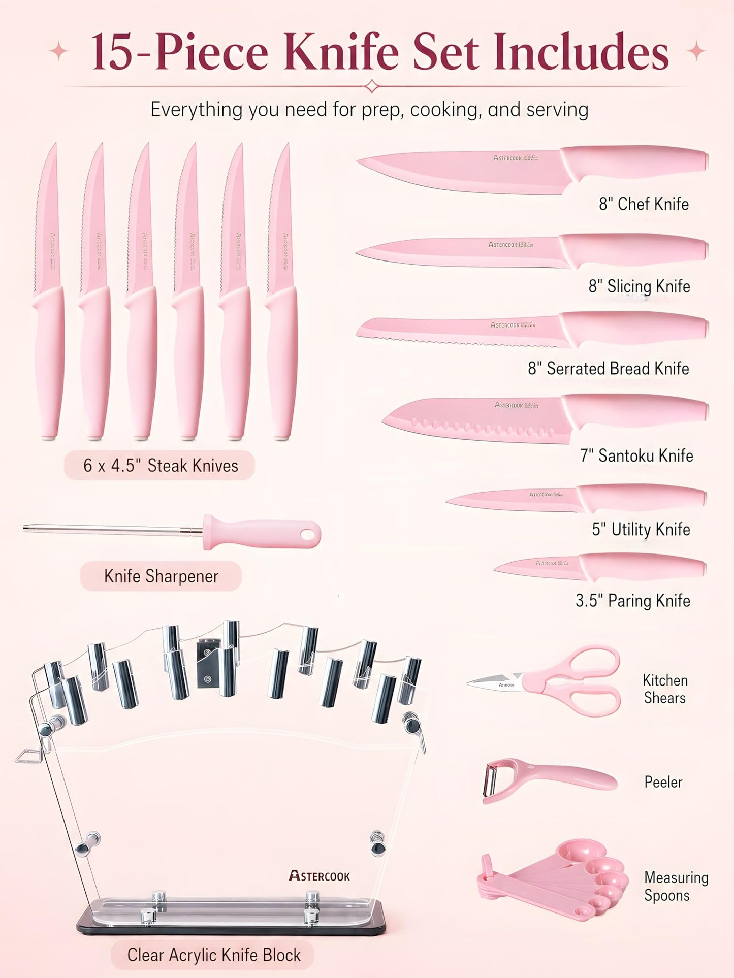 Astercook Knife Set with Block and Sharpener, 22 Piece Kitchen Knife Set Dishwasher Safe, Space-Saving Clear Knife Block with Knives for Everyday Home Cooking Pink