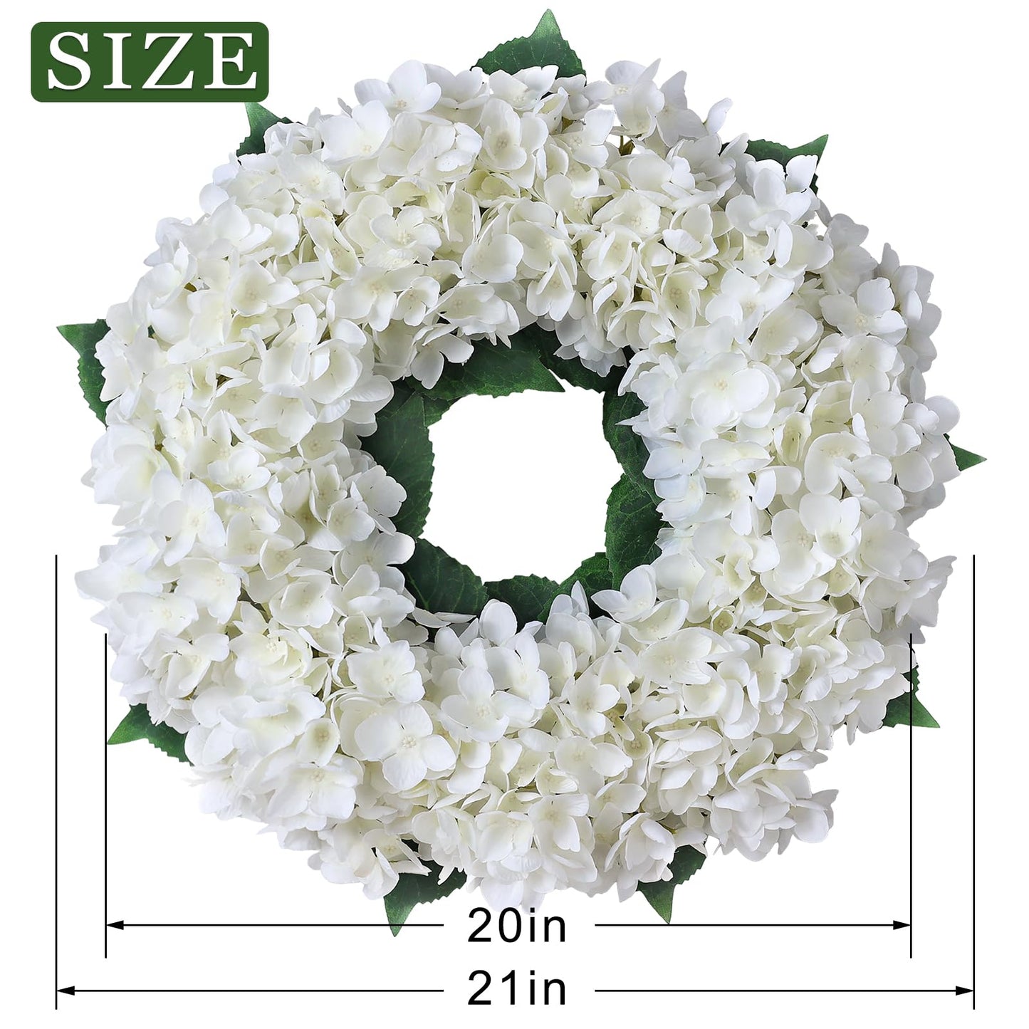 Artificial Hydrangea Wreath for Front Door, 21" Spring Summer White Flower Wreath, Faux Hydrangeas Leaves for Home Mantel Wall Farmhouse Decor