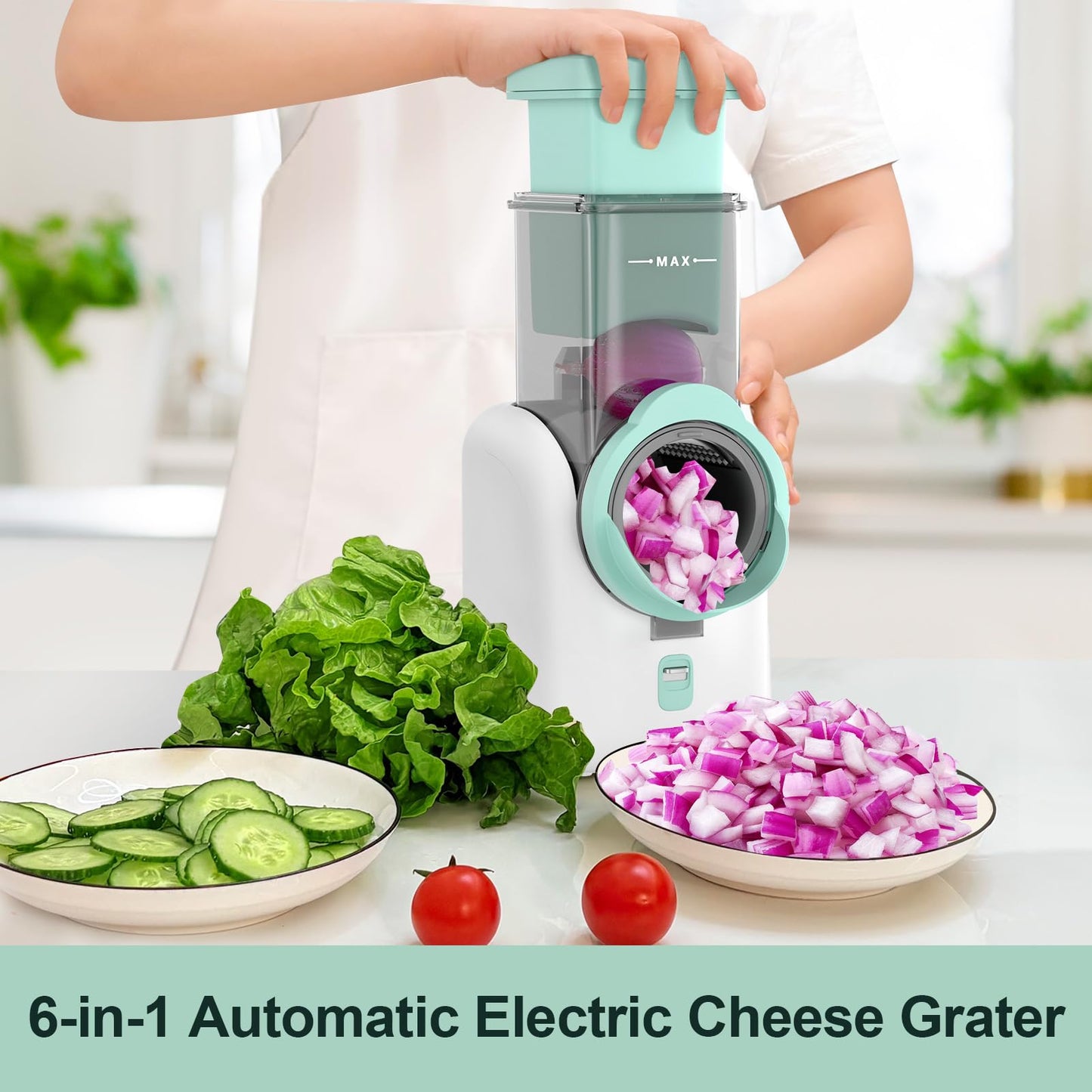 ZqoZqo Upgraded Electric Cheese Shredder, Automatic Cheese Grater Electric with 6 Interchangeable Blades, 6 in 1 Electric Cheese Grater for Cheese, Fruits, and Vegetables