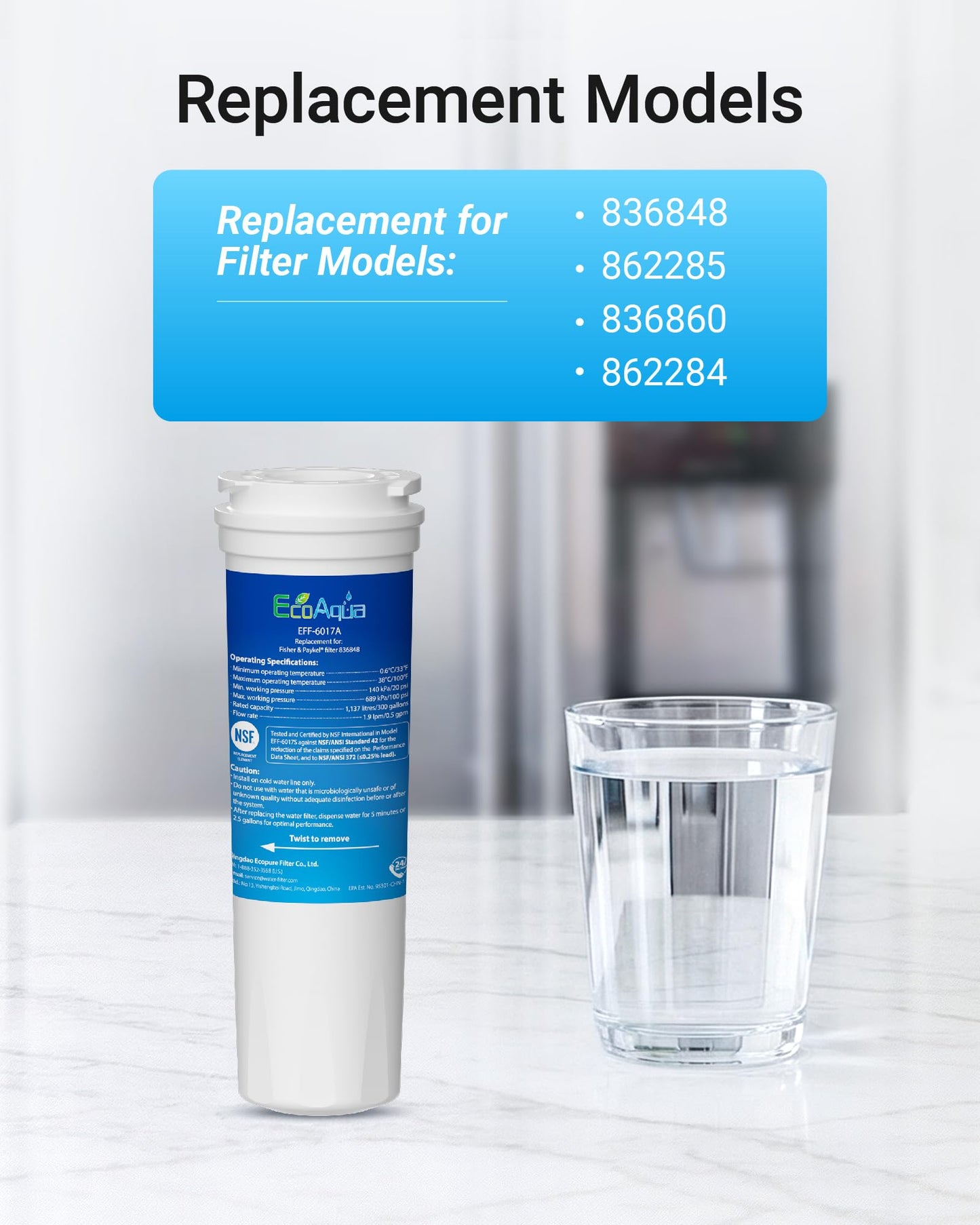 EcoAqua EFF-6017A Replacement for Fisher & Paykel 836848, 836860, 862284, E404BRXFDU, E522B, E402B, E442B, RF90A180DU, RF402B, WF60, WF296, Refrigerator Water Filter, 3 Pack