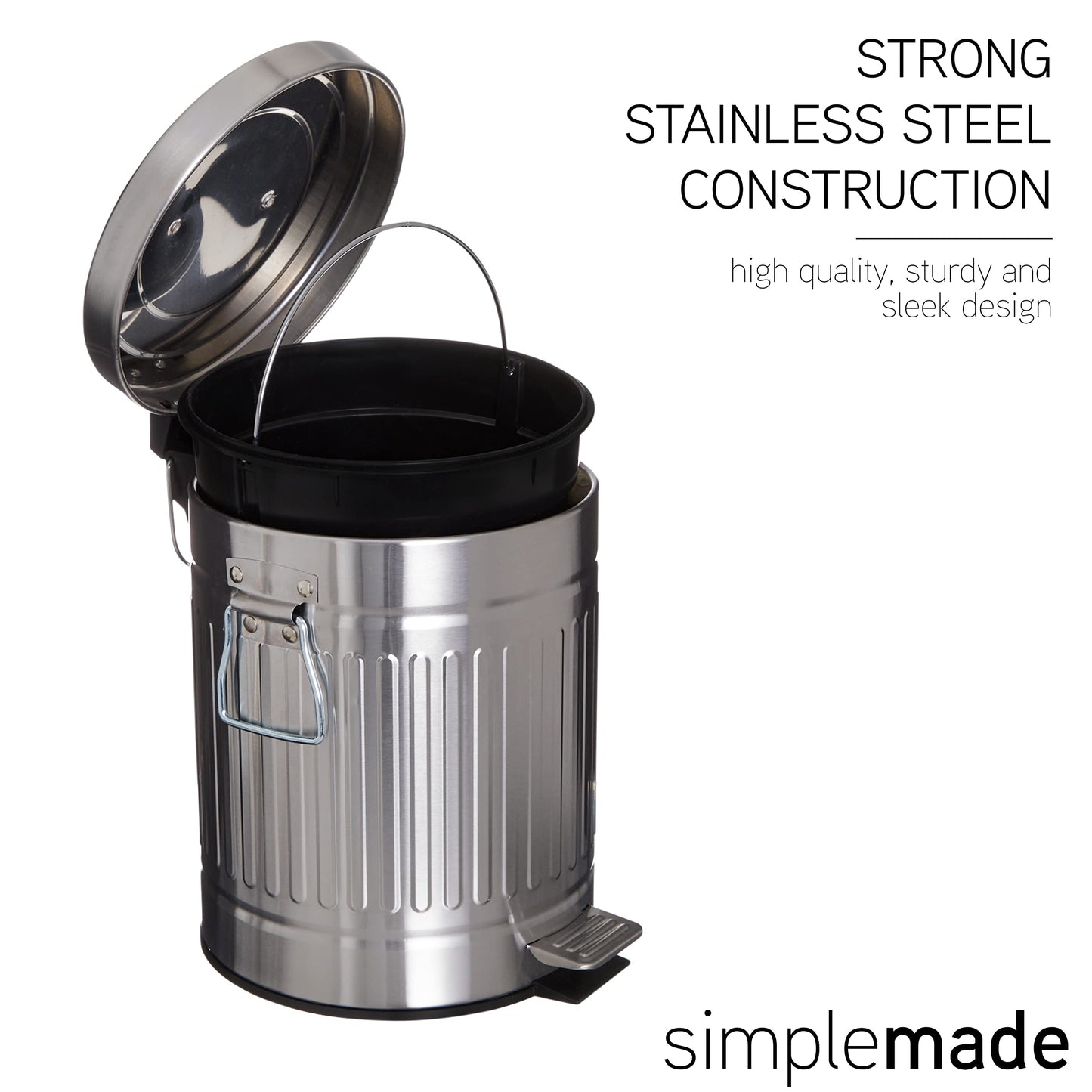 SIMPLEMADE Round Step Trash Can - 5 Liter / 1.3 Gallon - Stainless Steel Bathroom Wastebasket with Lid