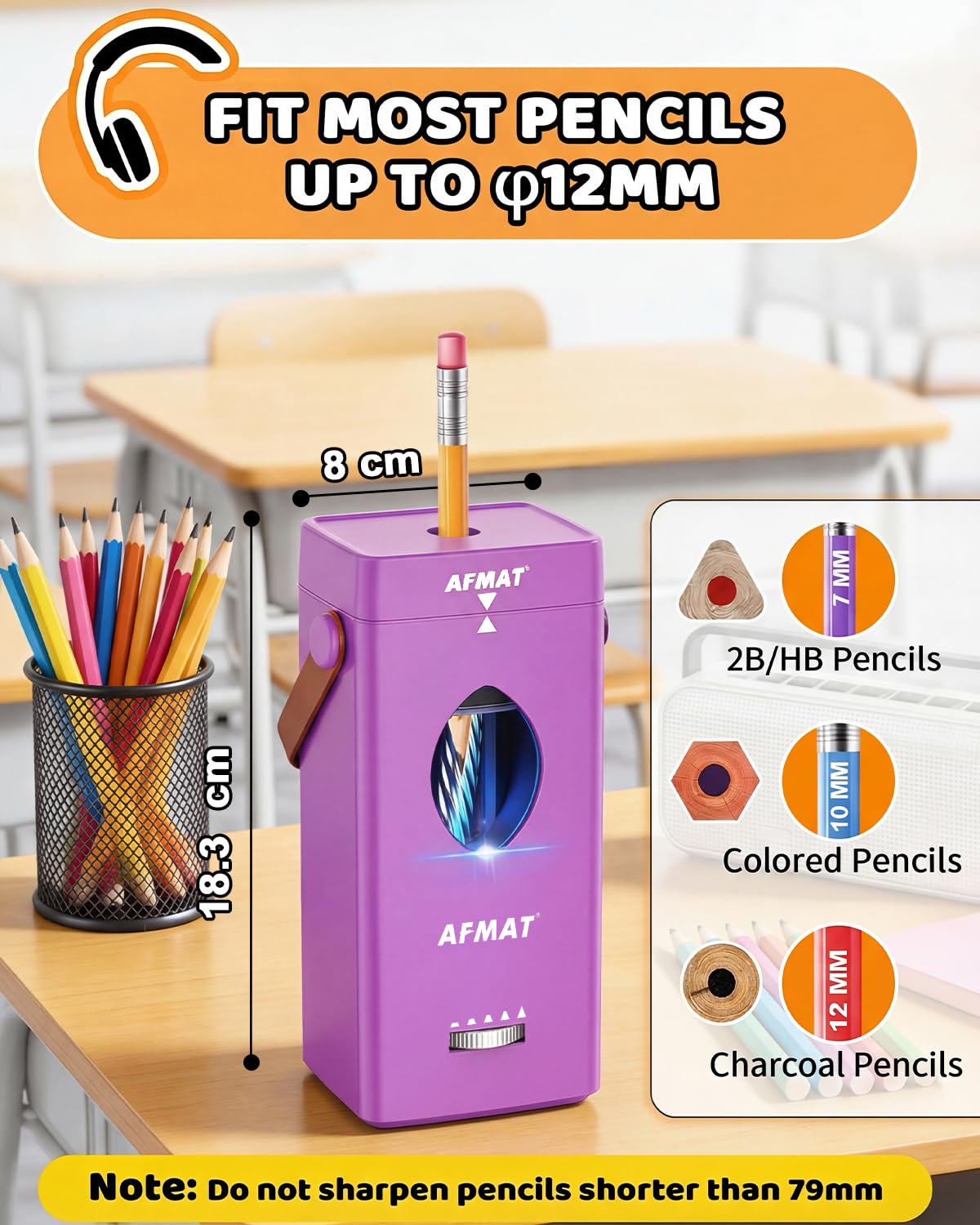 AFMAT Electric Pencil Sharpener, Fully Automatic Pencil Sharpener for 6-12mm No.2/Jumbo Pencils, Auto in & Out, 5 Sharpness Modes, Rechargeable Heavy Duty Sharpeners for Classroom/Home/Office PSC7